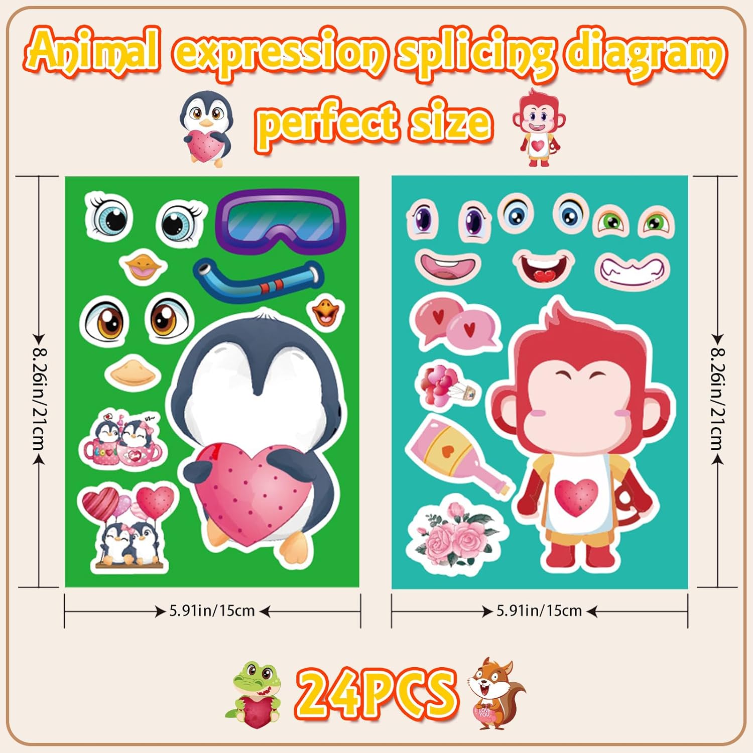 24 Sheets Make a Face Stickers for Kids, Make Your Own Animal Expression Stickers for Toddlers Birthday Party Favors