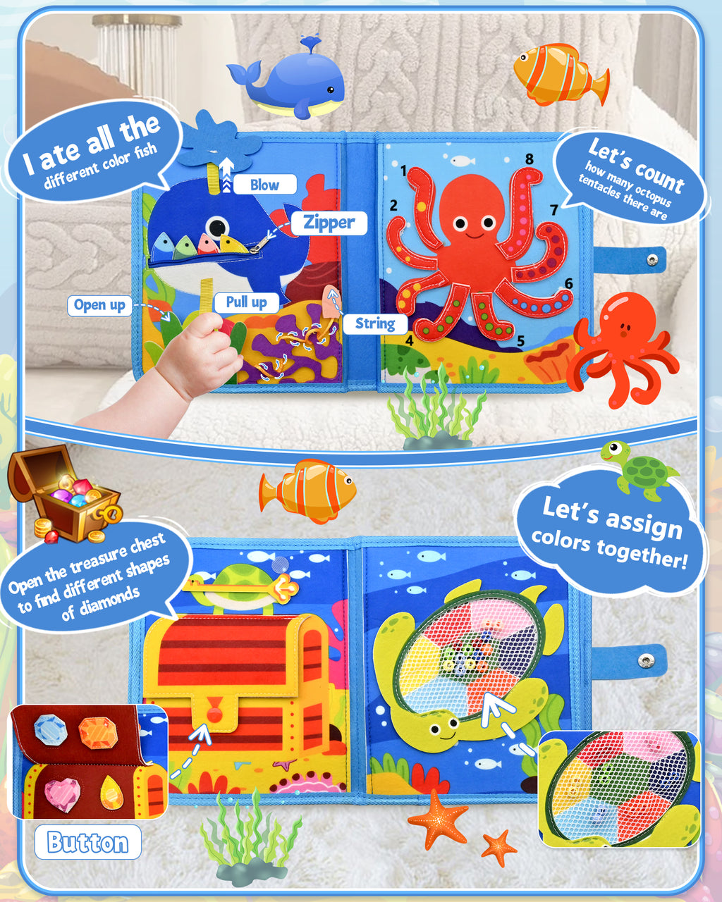Meafeng Busy Board Toy from 1 2 3 Years, Sea Theme Quiet Book Toy from 2 Years, Activity Board for Travel Car Plane, Motor Skills Toy Children's Toy, Busy Book Gift Boys Girls