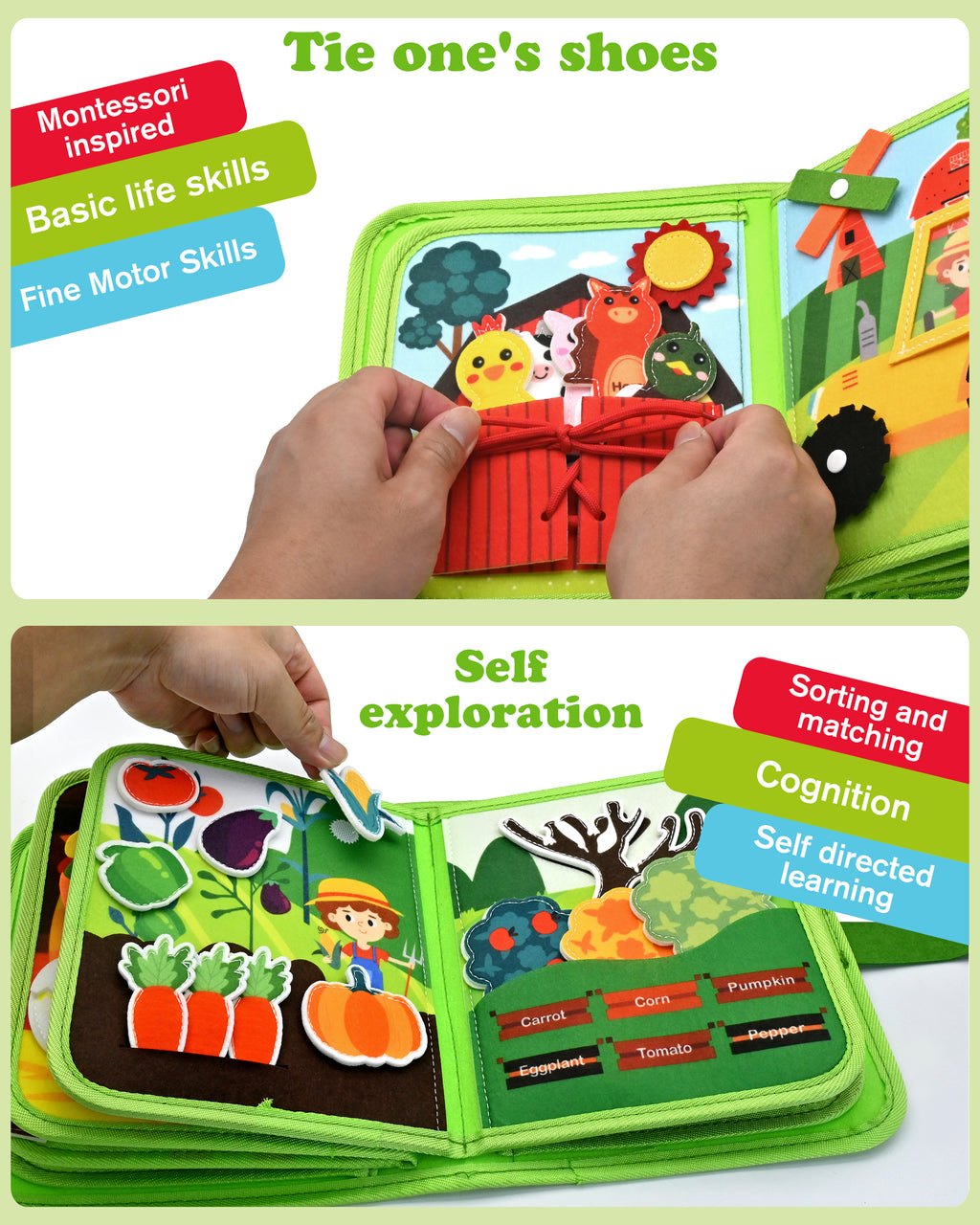 Meafeng Busy Book for Toddlers 1-3 – Montessori Toys Busy Board for 1 2 3 Year Old Boys Girls, Preschool Educational Travel Quiet Activity Book with Life Skills, Sorting, Matching, and Cognitive Games