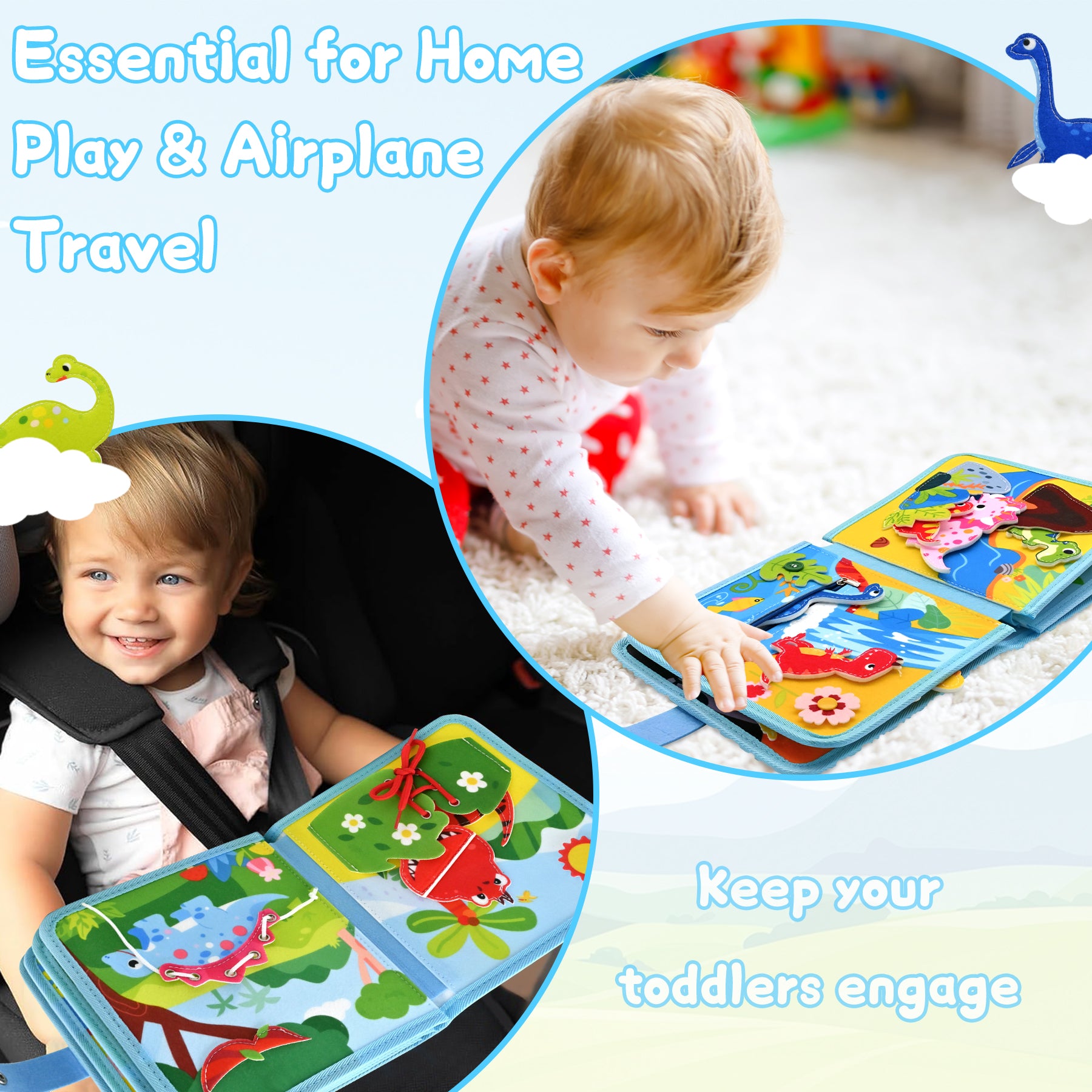 Meafeng Dinosaur Busy Book for Toddlers 1-3, Montessori Toys Quiet Book & Busy Board for Kids, Travel Toys with Life Skills & Educational Games for Boys and Girls