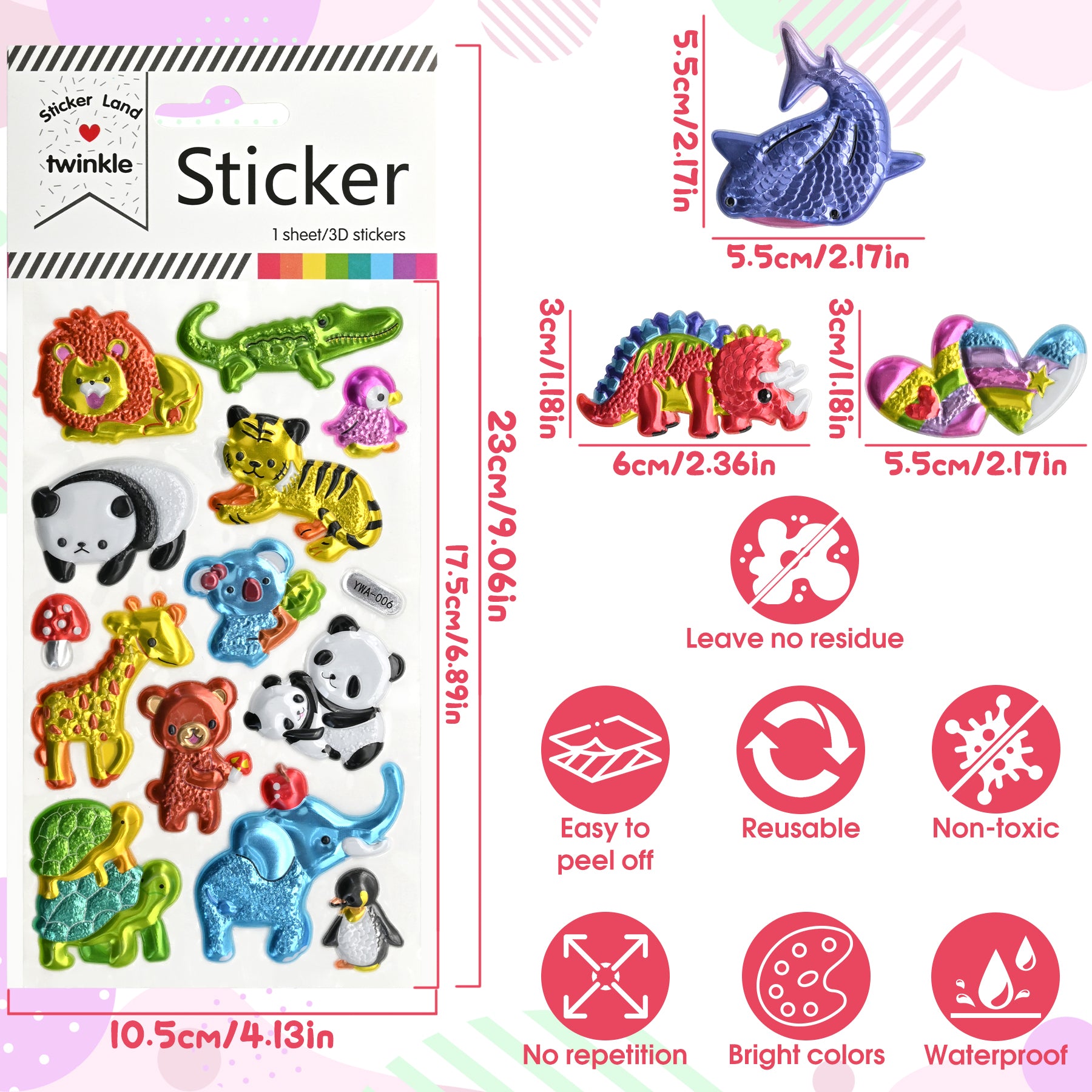 104 PCS 3D Glitter Stickers for Kids – 8 Sheets Sparkly Puffy Animal Stickers, Reusable Waterproof Stickers for Crafts, Scrapbooks, Notebooks, Classroom Use