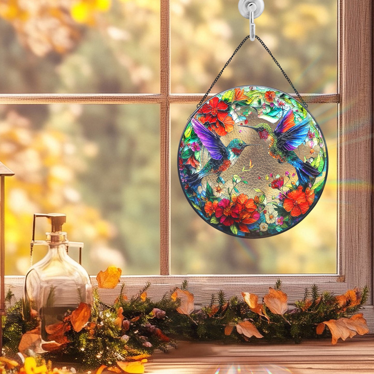 Hummingbird Suncatcher, Meafeng 7.87" Stained Glass Window Hanging, Hummingbird Gifts Sun Catchers for Indoor Window Art