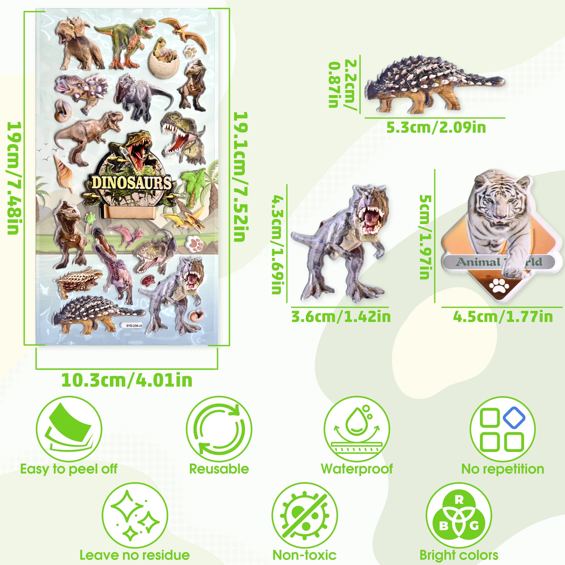 Meafeng 187 PCS Dinosaurs Jungle Animals 3D Puffy Stickers for Kids – 8 Sheets of Colorful Waterproof Stickers for Toddler Crafts, Scrapbooks, Reward Charts & Classroom Activities