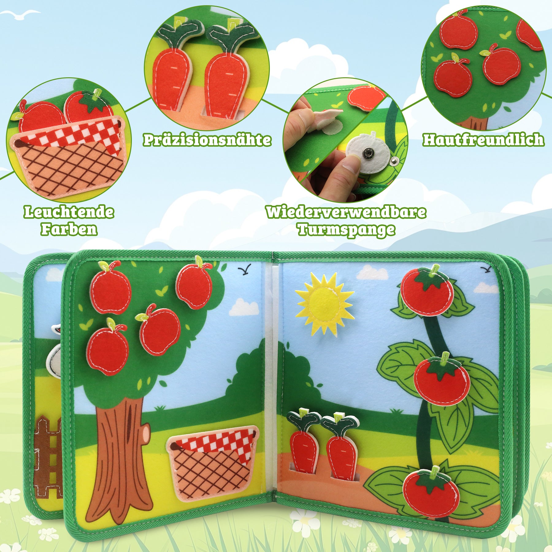 Meafeng Busy Board Farm Theme, Quiet Activity Board Felt Book for Toddlers, Motor Skills Toy for Early Education, Sensory Technology, Busy Book for Car & Plane, Montessori Toy from 1 2 3 4 Years
