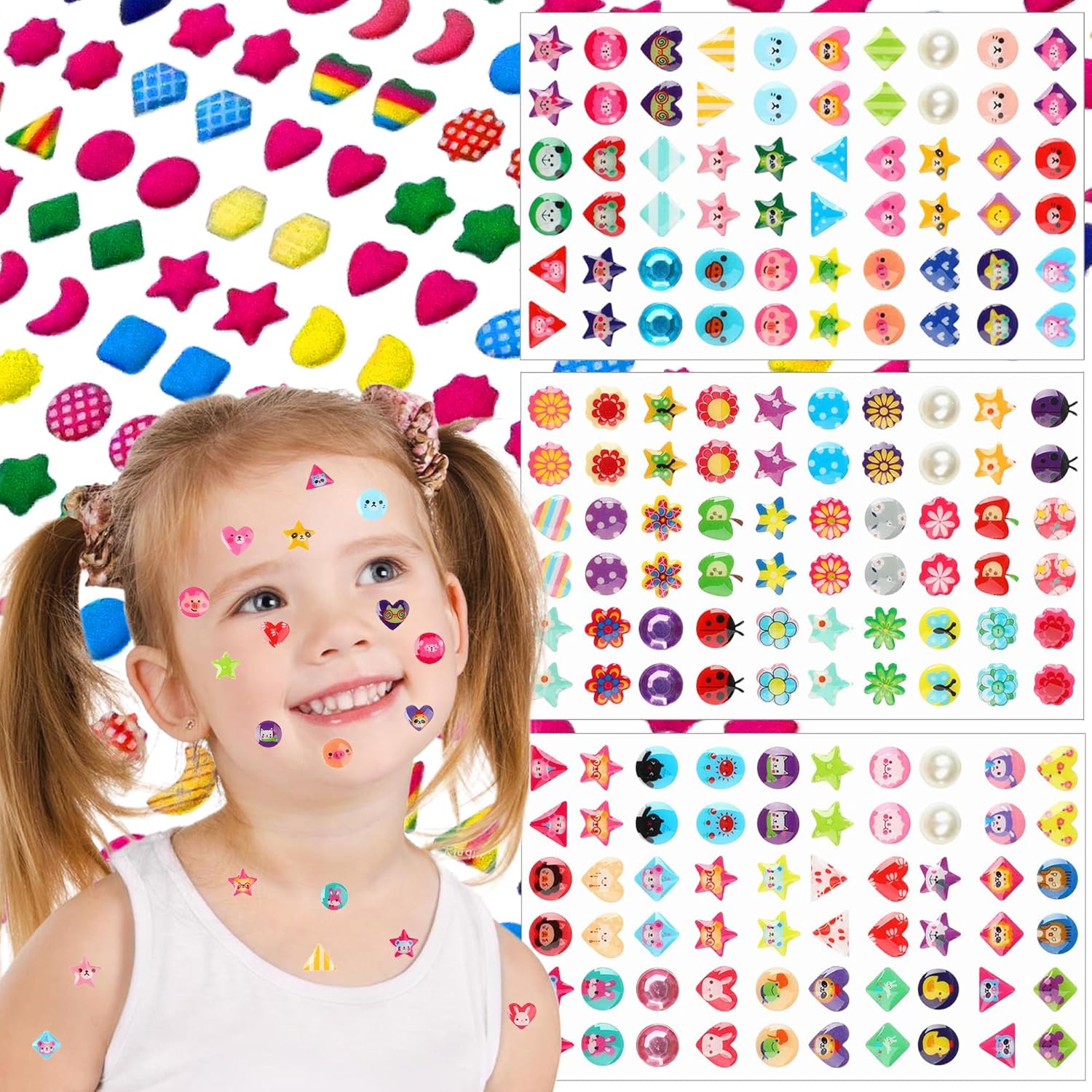 Meafeng Sticker Earrings for Girls, 460PCS Stick on Earrings for Kids Ages 4-8, 3D Gems Glitter Crystal Stickers