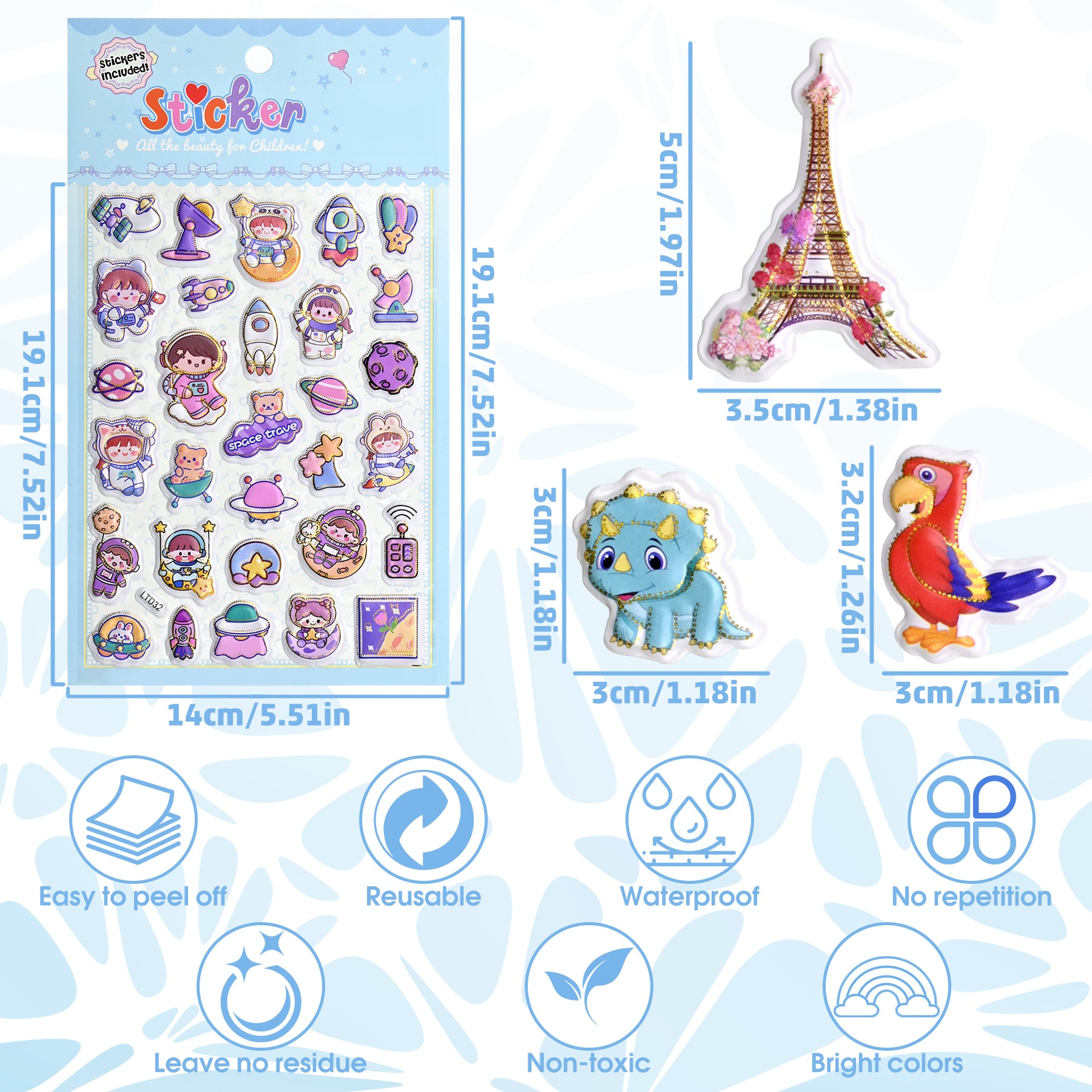 476 PCS Glitter Puffy Stickers for Kids - 16 Sheets with Animals, Dinosaurs, Space, Vehicles & More, Waterproof 3D Stickers for Toddler Crafts, Scrapbooks, Reward Charts & Party Supplies