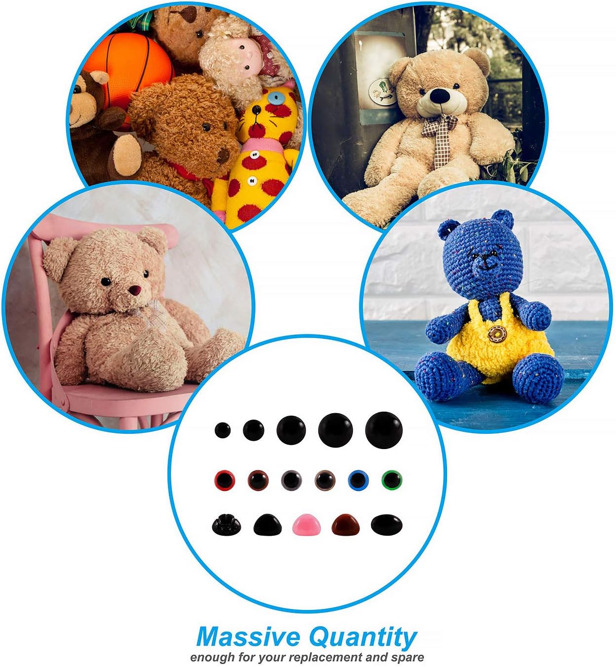 600Pcs Doll Plastic Safety Eyes and Noses with Washers for Crocheting Stuffed Animals Multicolor Round & Oval (6-14mm)