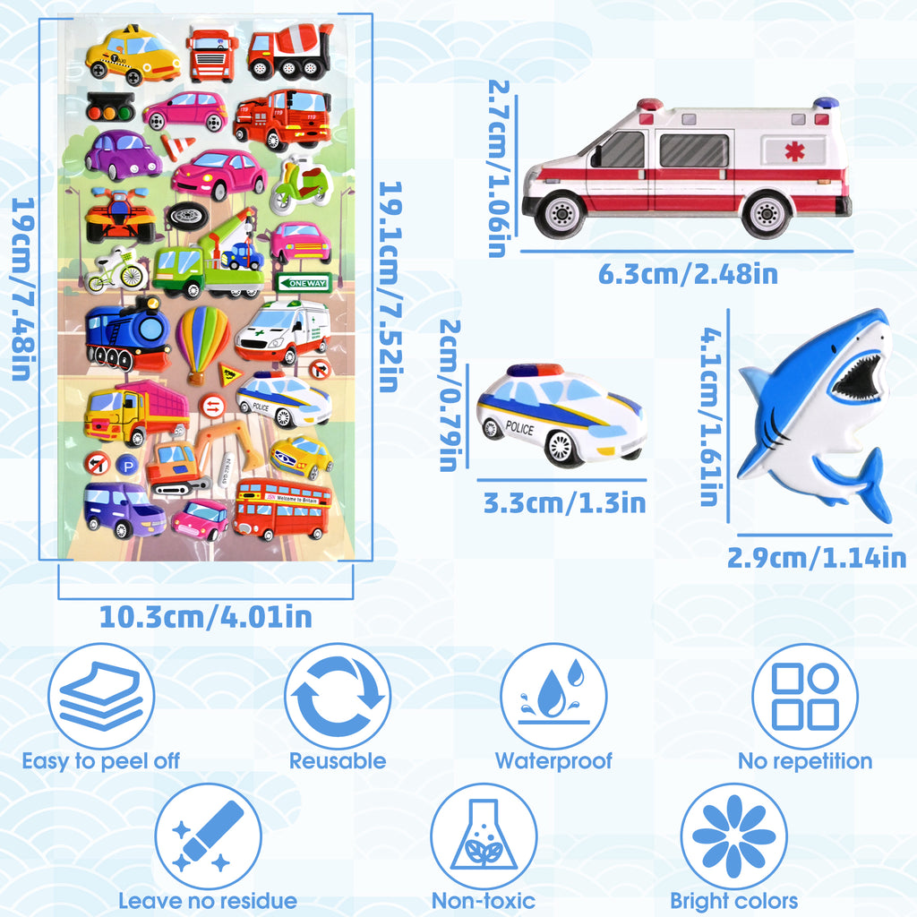 Meafeng 265 PCS 3D Puffy Stickers for Kids – 8 Fun Themes with Ocean Animals & Vehicles, Waterproof Stickers for Toddler Crafts, Scrapbooks, Reward Charts & Classroom Activities
