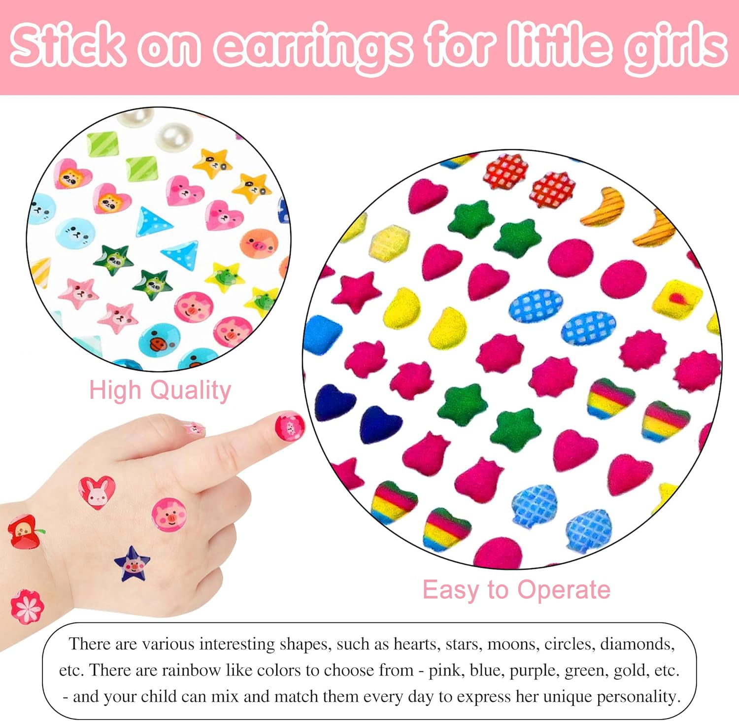 Meafeng Sticker Earrings for Girls, 460PCS Stick on Earrings for Kids Ages 4-8, 3D Gems Glitter Crystal Stickers