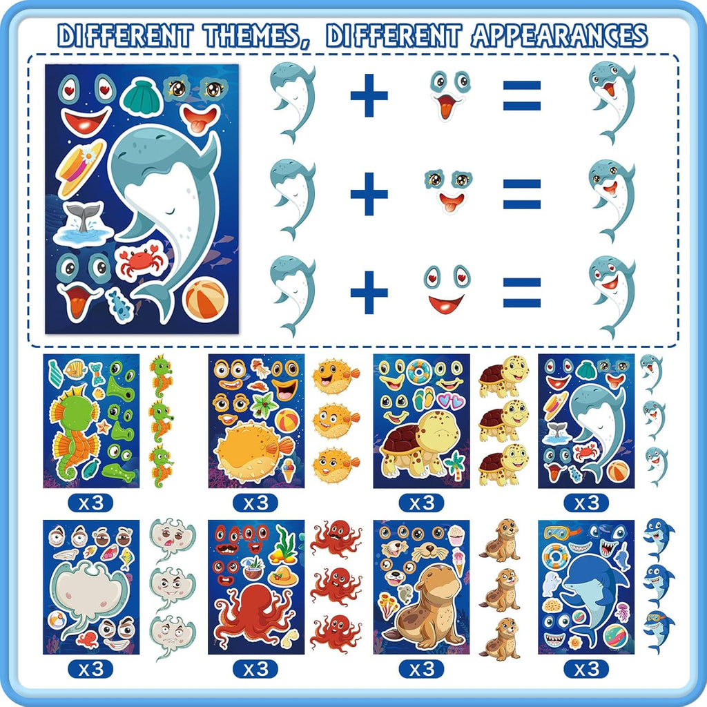 24 Sheets Sea Animal Make a Face Stickers, Make Your Own Animal Mix and Match Stickers for Kids Birthday Party Favors