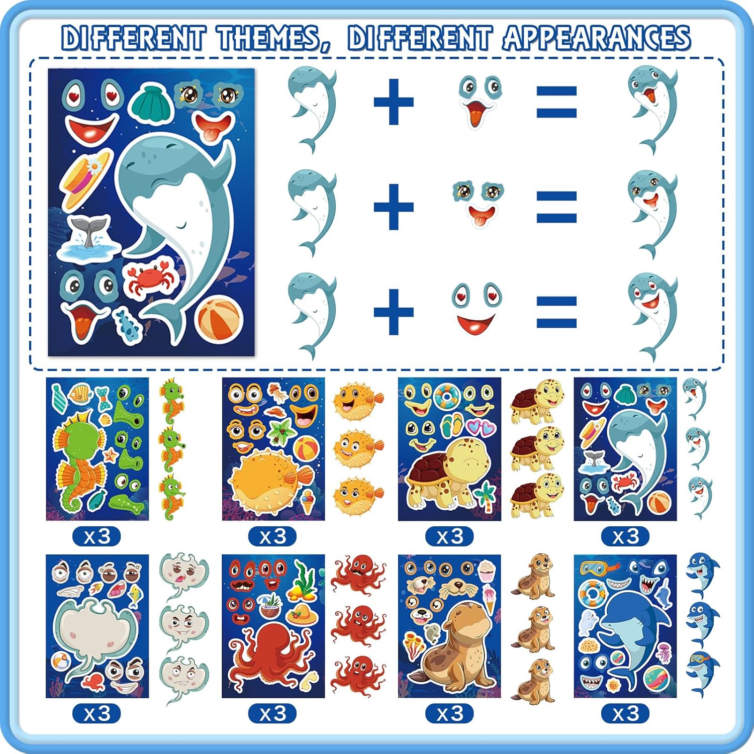 24 Sheets Sea Animal Make a Face Stickers, Make Your Own Animal Mix and Match Stickers for Kids Birthday Party Favors