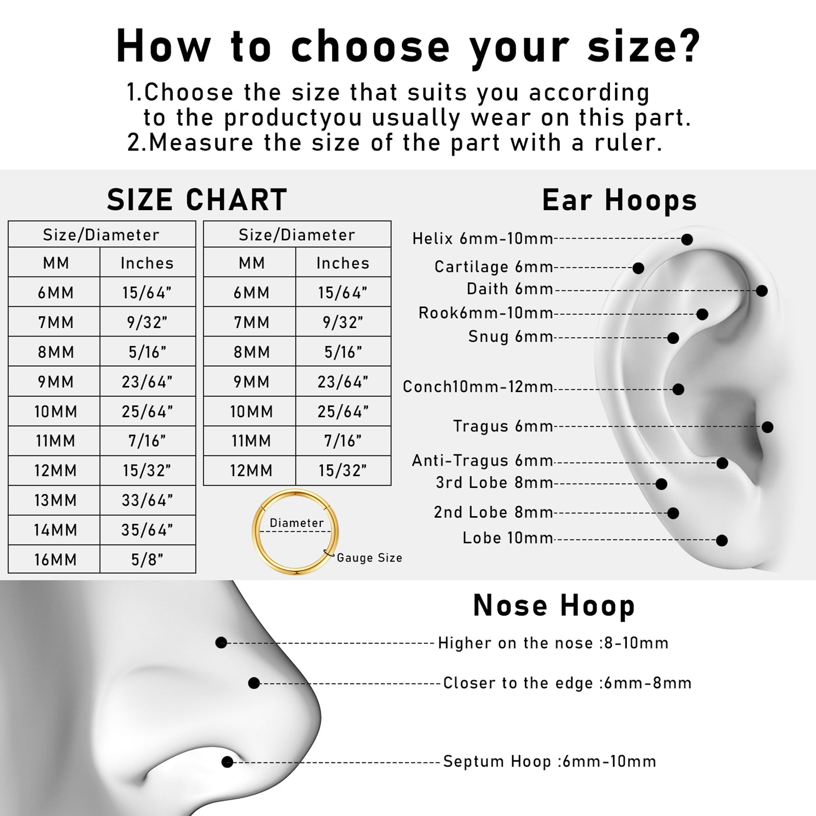 3PCS 18G Stainless Steel Gold Nose Rings Hoops, Meafeng Cartilage Earring Tragus Piercing Jewelry for Adults(8mm)