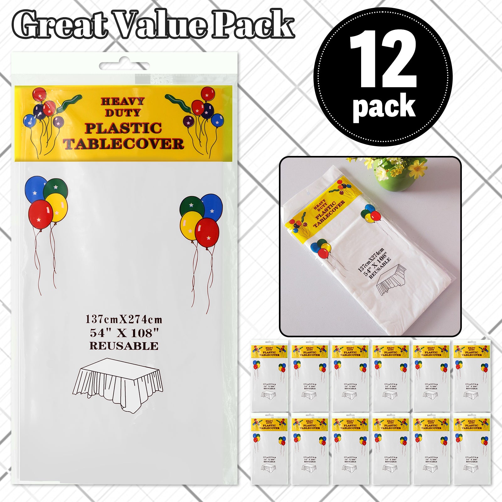 Plastic Table Cloth 12 Pack, Disposable Tablecloths Party Table Covers for Rectangle Tables 54" x 108", White