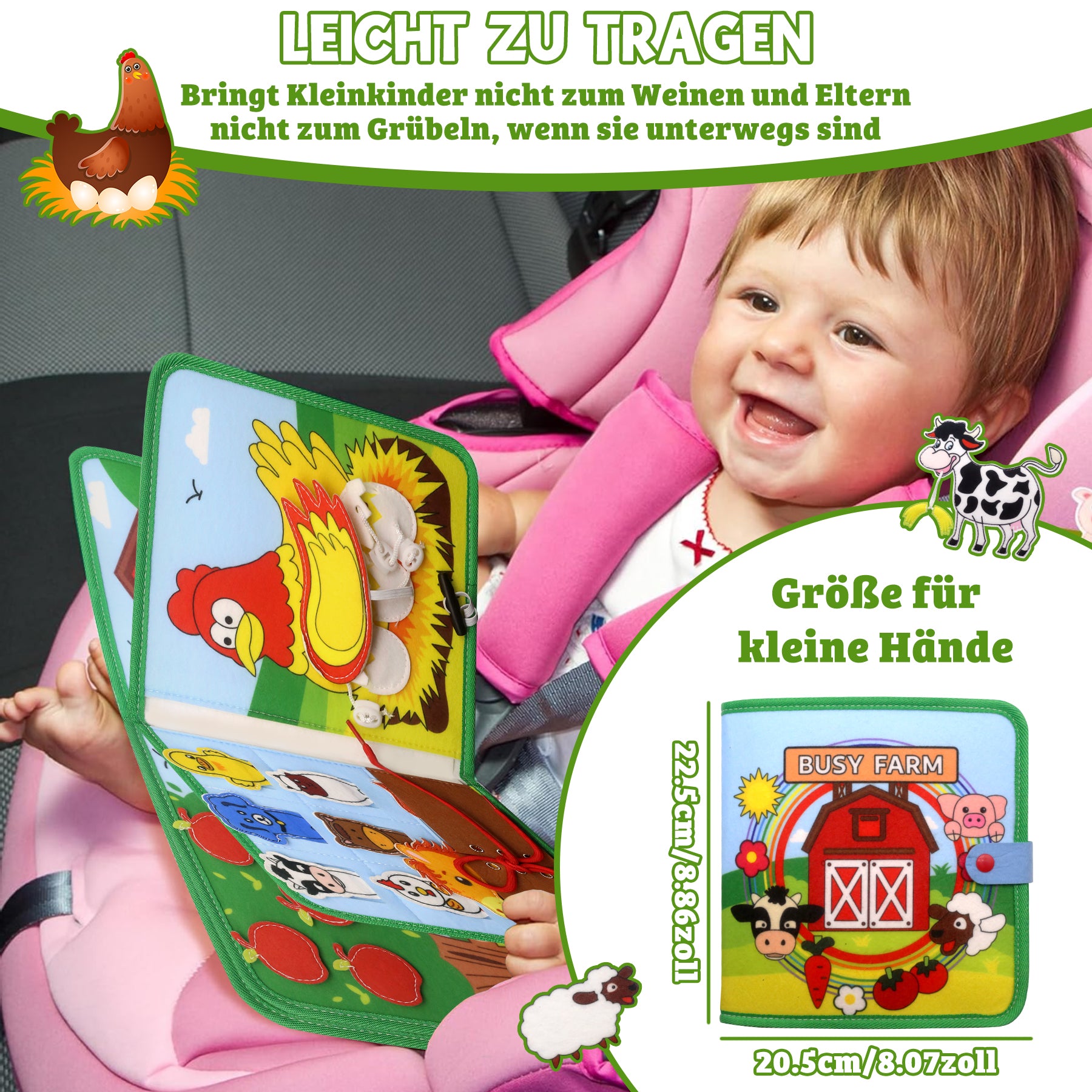 Meafeng Busy Board Farm Theme, Quiet Activity Board Felt Book for Toddlers, Motor Skills Toy for Early Education, Sensory Technology, Busy Book for Car & Plane, Montessori Toy from 1 2 3 4 Years