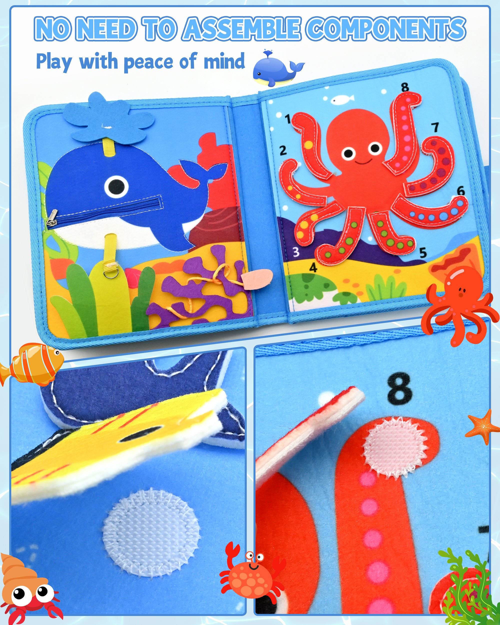 Meafeng Busy Board Toy from 1 2 3 Years, Sea Theme Quiet Book Toy from 2 Years, Activity Board for Travel Car Plane, Motor Skills Toy Children's Toy, Busy Book Gift Boys Girls