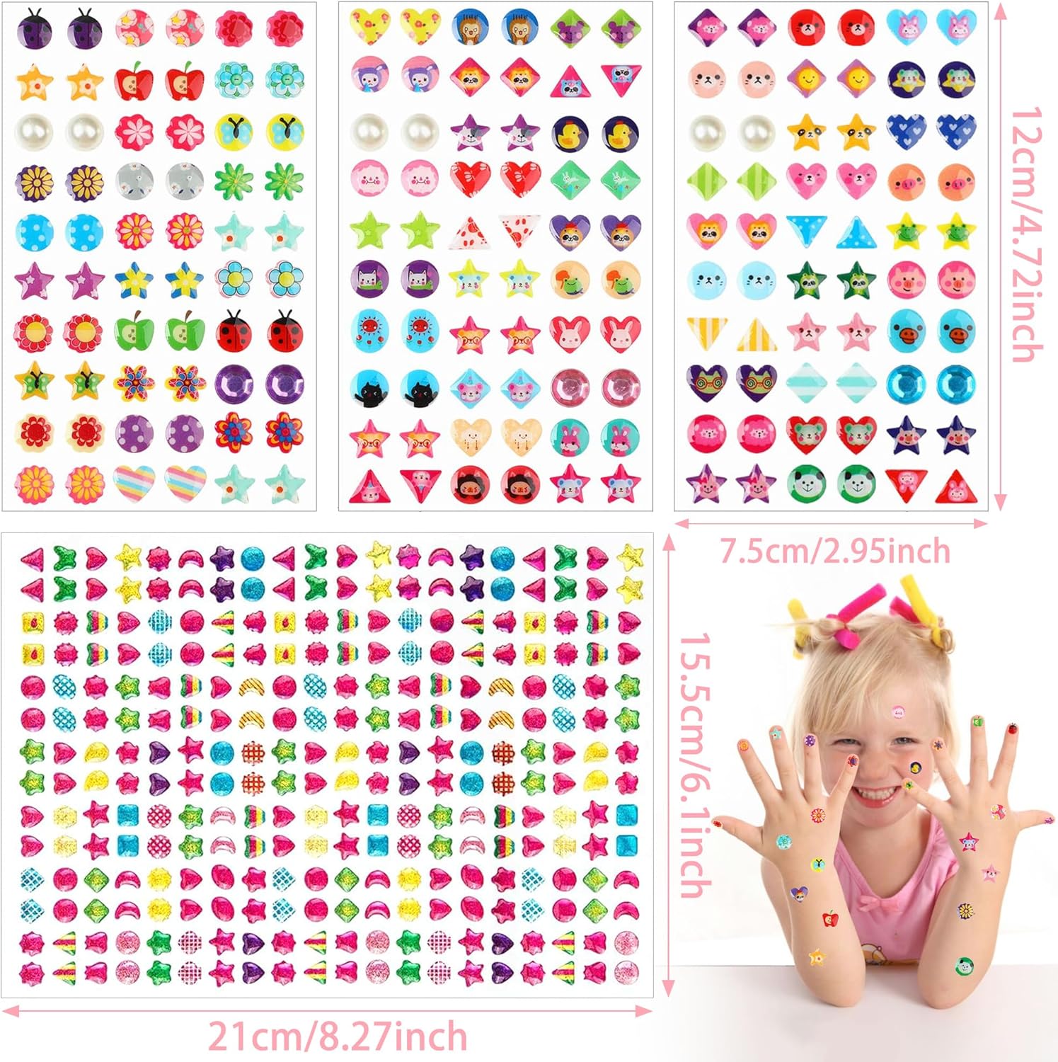 Meafeng Sticker Earrings for Girls, 460PCS Stick on Earrings for Kids Ages 4-8, 3D Gems Glitter Crystal Stickers