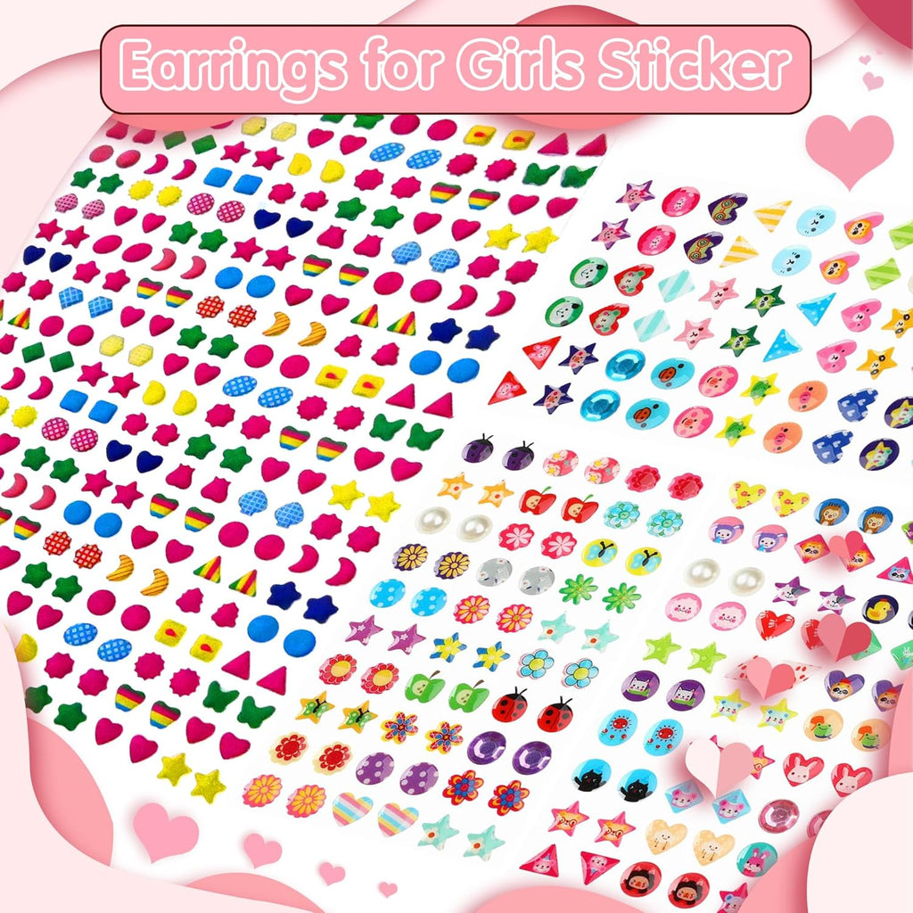 Meafeng Sticker Earrings for Girls, 460PCS Stick on Earrings for Kids Ages 4-8, 3D Gems Glitter Crystal Stickers