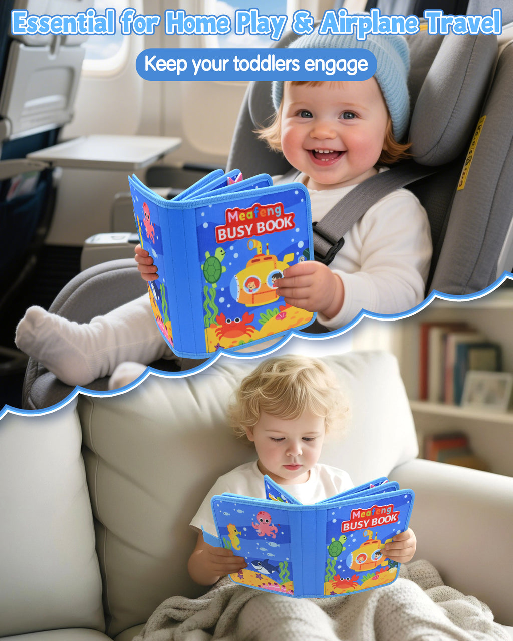 Meafeng Busy Board Toy from 1 2 3 Years, Sea Theme Quiet Book Toy from 2 Years, Activity Board for Travel Car Plane, Motor Skills Toy Children's Toy, Busy Book Gift Boys Girls