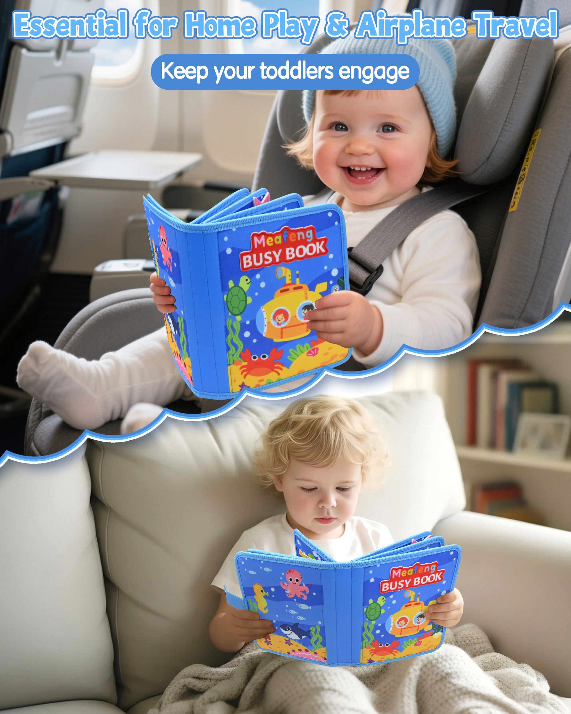 Meafeng Busy Board Toy from 1 2 3 Years, Sea Theme Quiet Book Toy from 2 Years, Activity Board for Travel Car Plane, Motor Skills Toy Children's Toy, Busy Book Gift Boys Girls