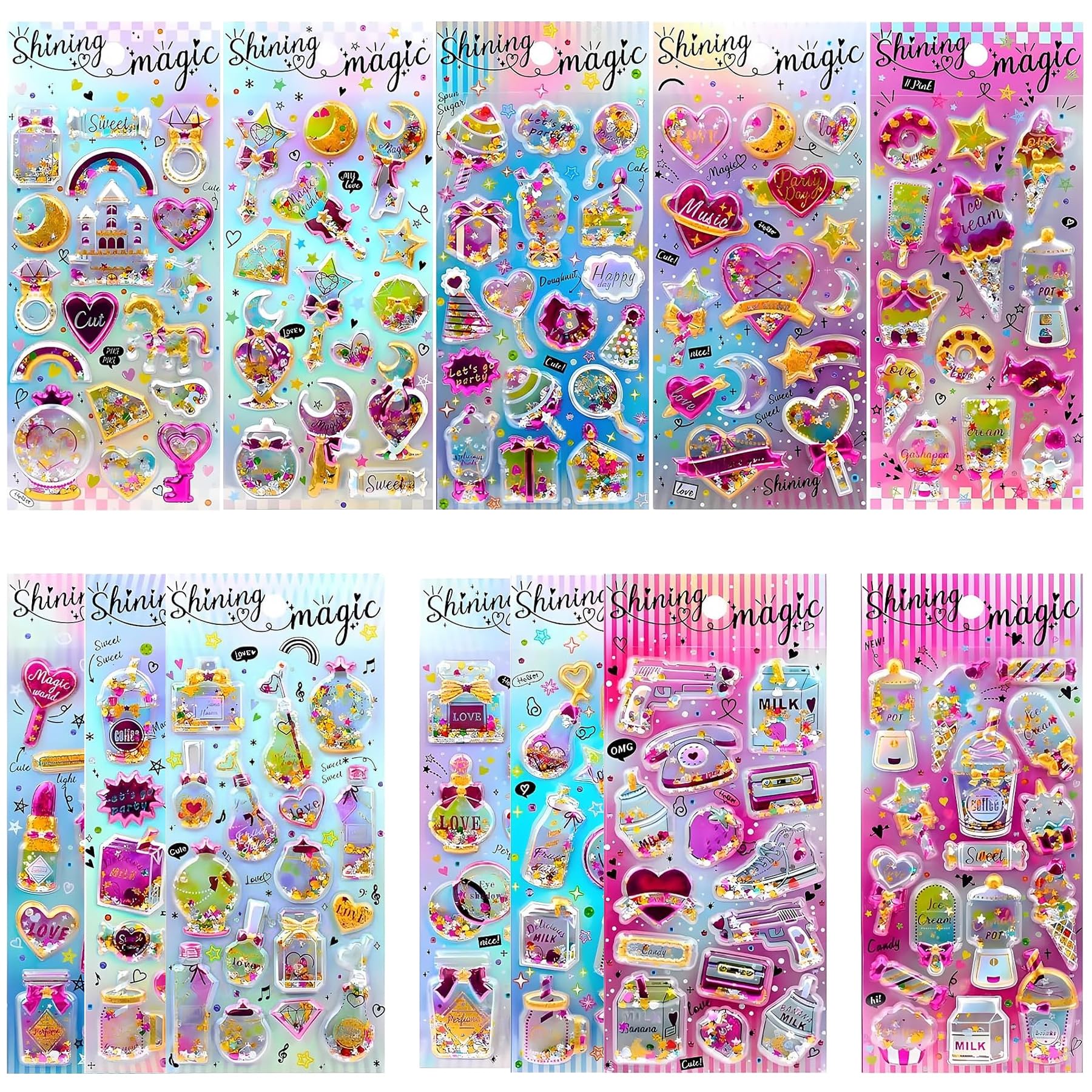 178 Shining Glitter 3D Stickers for Kids – 12 Puffy Sticker Sheets for Toddlers, Boys, Girls, Teachers, Rewards, Scrapbooking, Journals, Crafts & Party Favors
