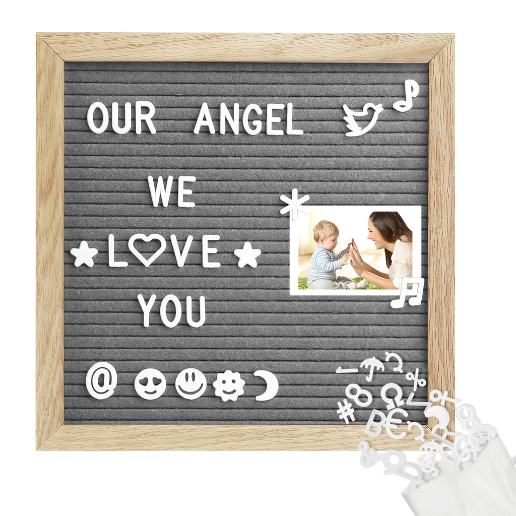 Grey letter board made of oak and felt 25 x 25 cm square letter board with 350 letters easel and bag letters board wood letter board groove board memo board with metal hooks
