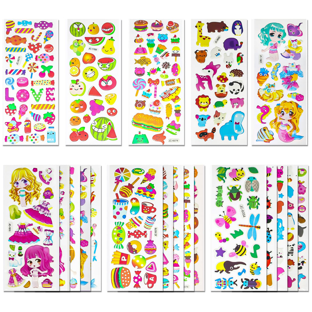 3D Stickers Children's 24 Sheets 530+ Puffy Stickers 3D for Boys and Girls, Various Sticker Set with Animals, Fruits, Girls, Mermaids, Desserts etc