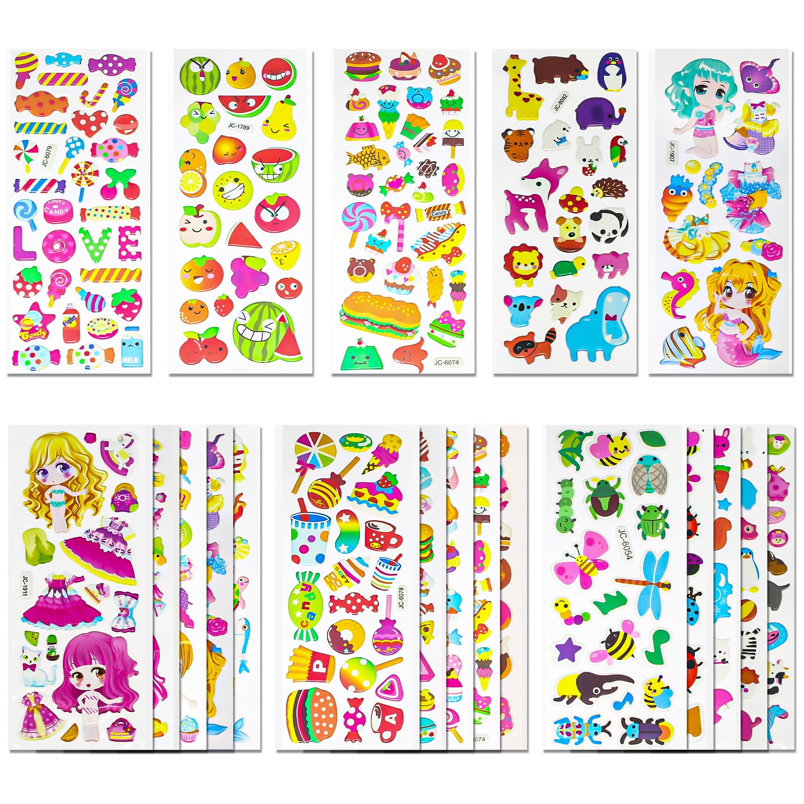 3D Stickers Children's 24 Sheets 530+ Puffy Stickers 3D for Boys and Girls, Various Sticker Set with Animals, Fruits, Girls, Mermaids, Desserts etc