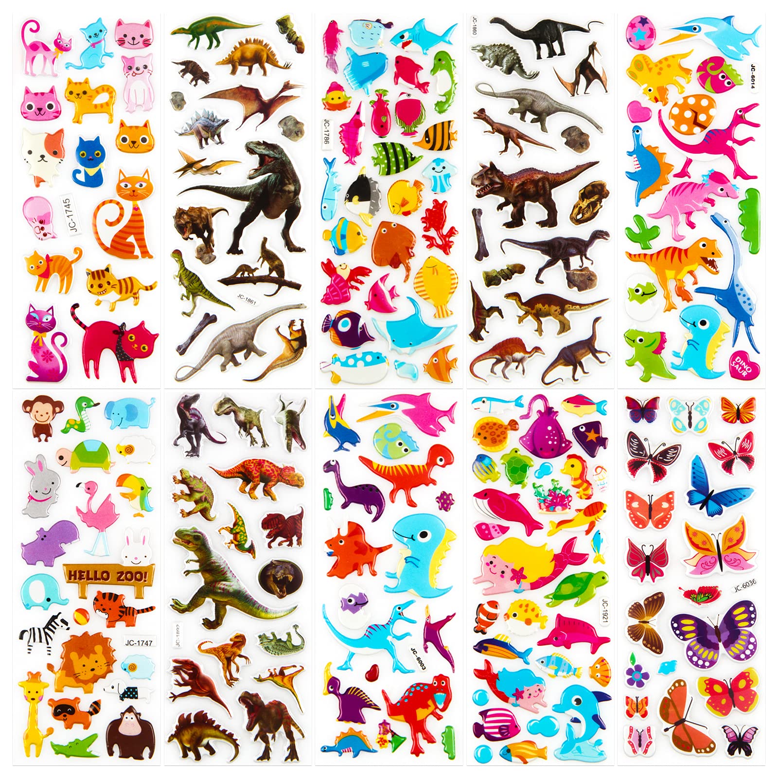 Meafen Autocollants Stickers Animaux 3D pour Enfant 52 Feuilles Pack de Variétés Autocollants Plus de 1100 Comprenant des Animaux, Papillon, la Vie Océanique, Dinosaures