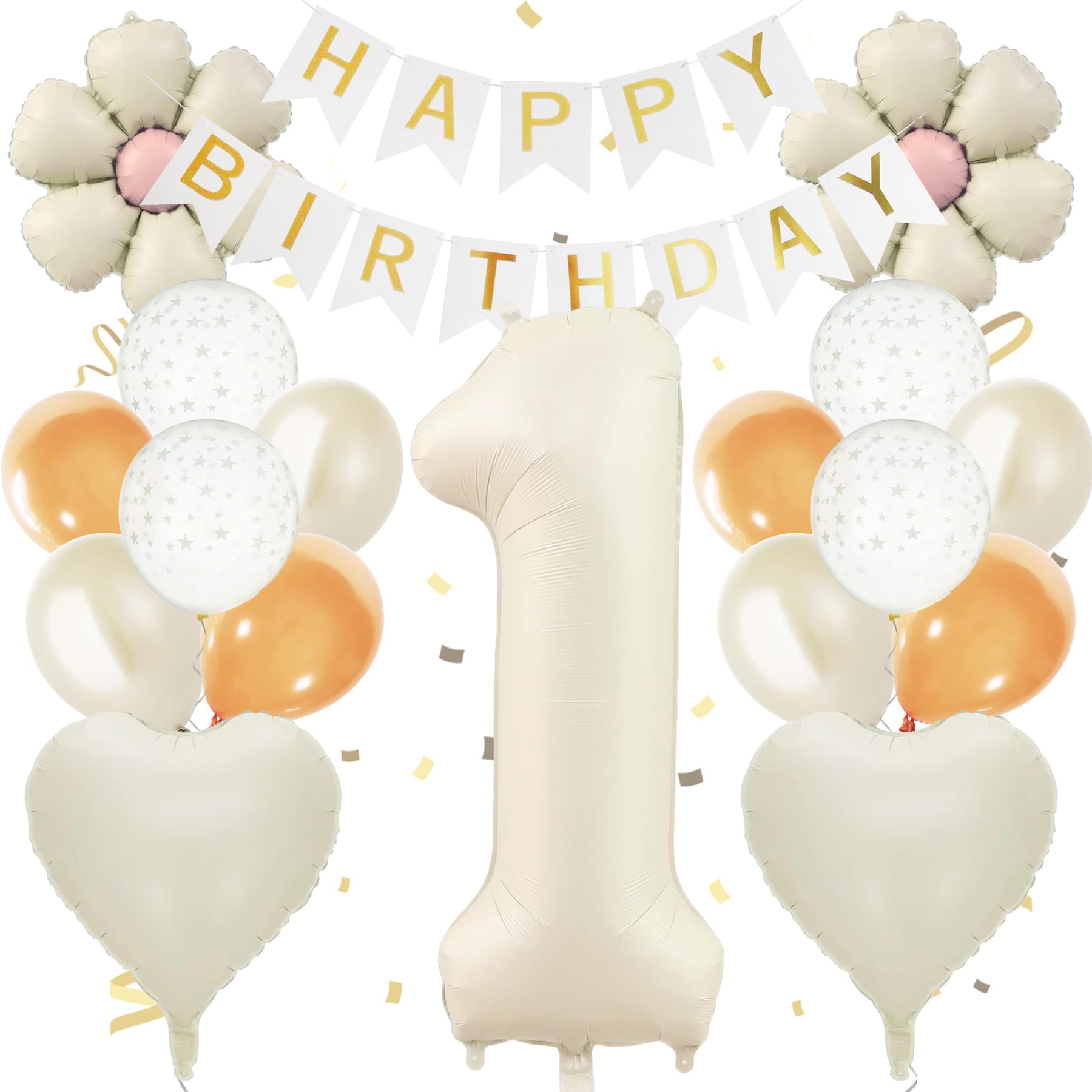 Meafeng 1歳 誕生日 飾り付け 数字 バルーン 18点 セット 大きい 81cm/32 インチ くすみカラー 誕生日 飾り HAPPY BIRTHDAY バースデー ガーランド ナンバーバルーン (ソフトホワイト)