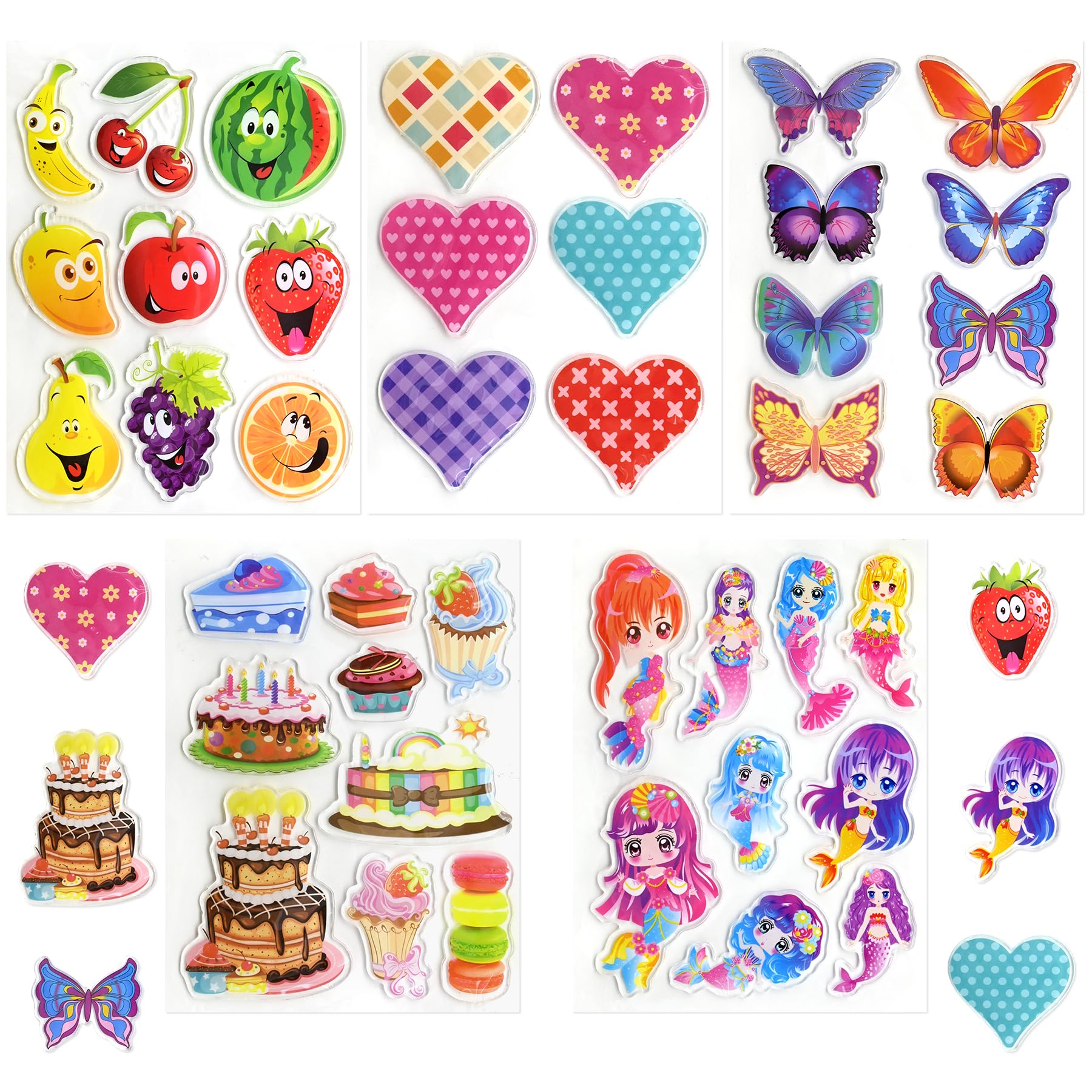 41PCS Window Clings Stickers for Girls – Reusable Jelly Gel Decals with Fruits, Hearts, Butterfly, Cake, Mermaid Design, Thick Vinyl Window Stickers for Toddlers, Home, Classroom, Birthday Party Decor