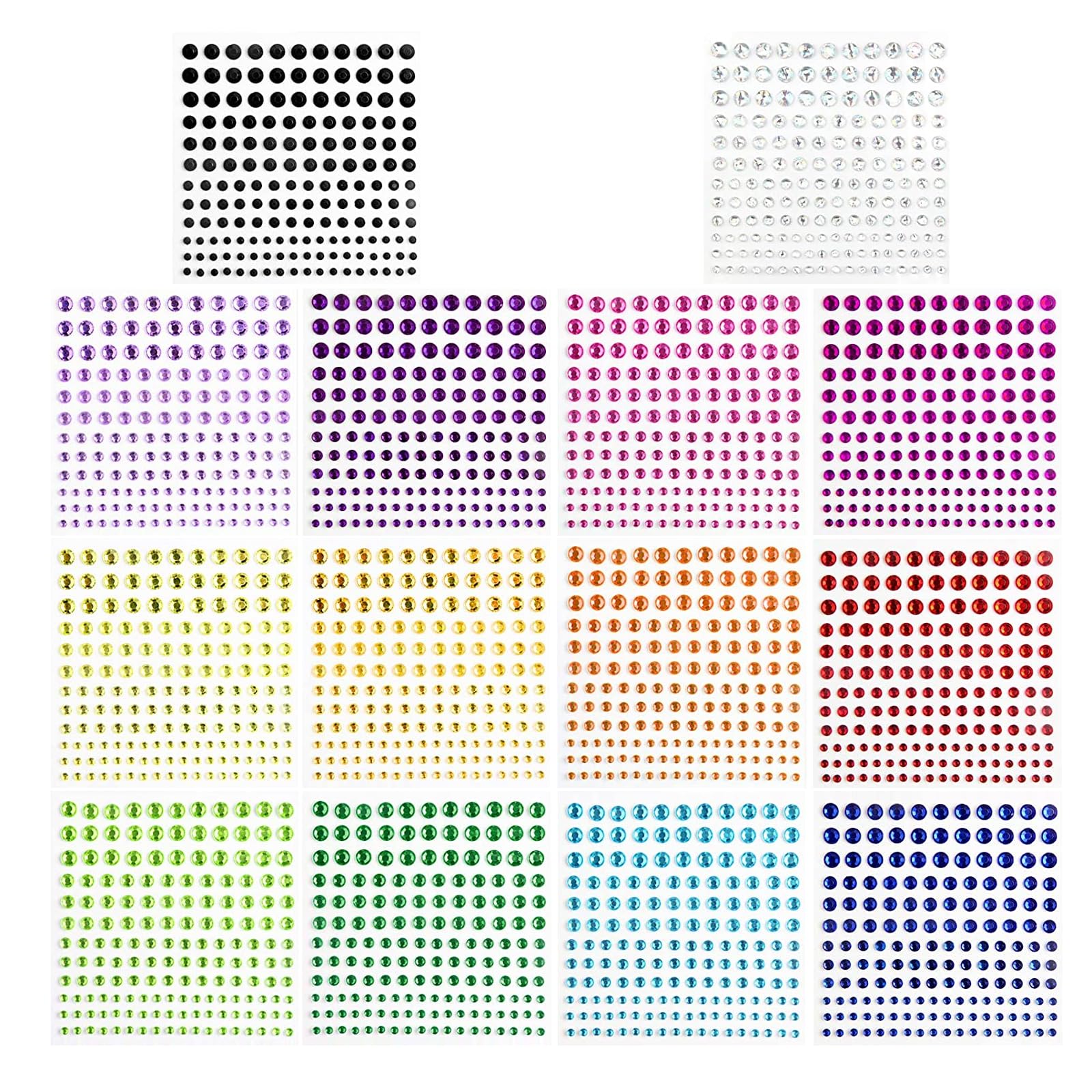 Meafeng Gem Stickers, 14 Colors, Self Adhesive, Bling Rhinestone Jewels, Stick on Gems for Face Makeup, Body, Nails, Festivals, Crafts, Weddings Embellishments (14 Sheets, 2310 PCS)