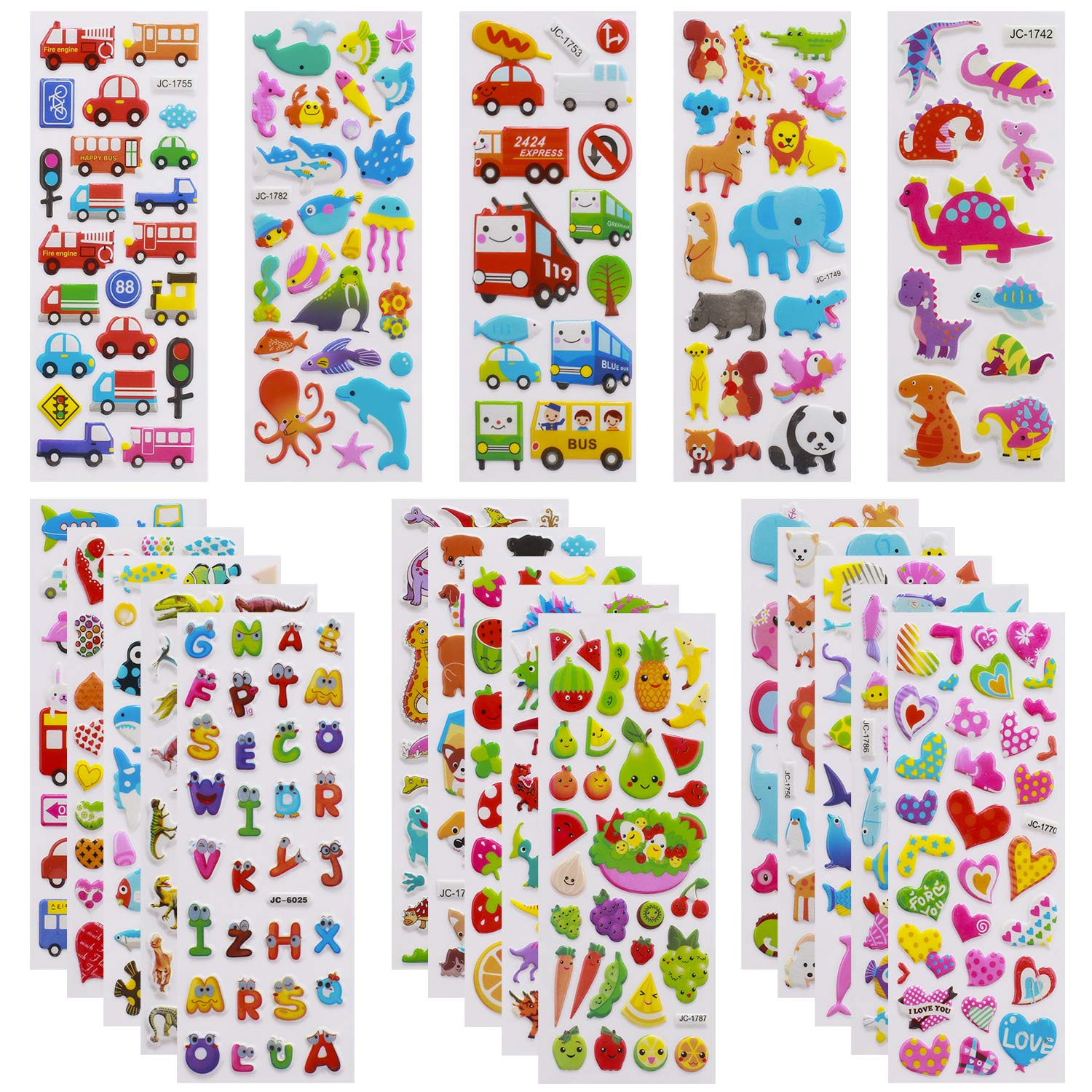3D Stickers for Kids Toddlers - 550+ Vivid Puffy Stickers, 24 Different Sheets, Colored 3D for Boys Girls Teachers, Reward, Craft Scrapbooking