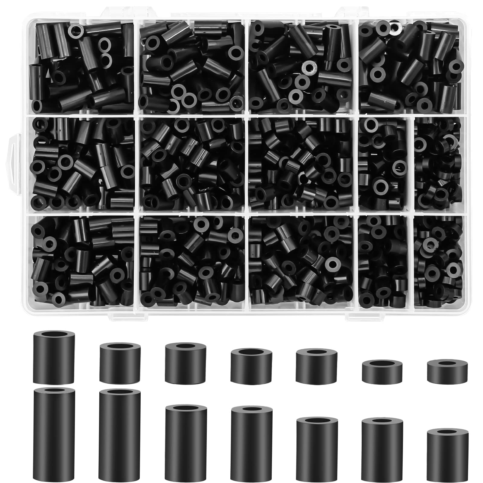 Pack of 1000 Round Spacers, Nylon Washers for M3, M4 Screws, ABS Spacer Sleeves Insulation Washers without Thread Column Set, for Electric Screws and Sockets, Black