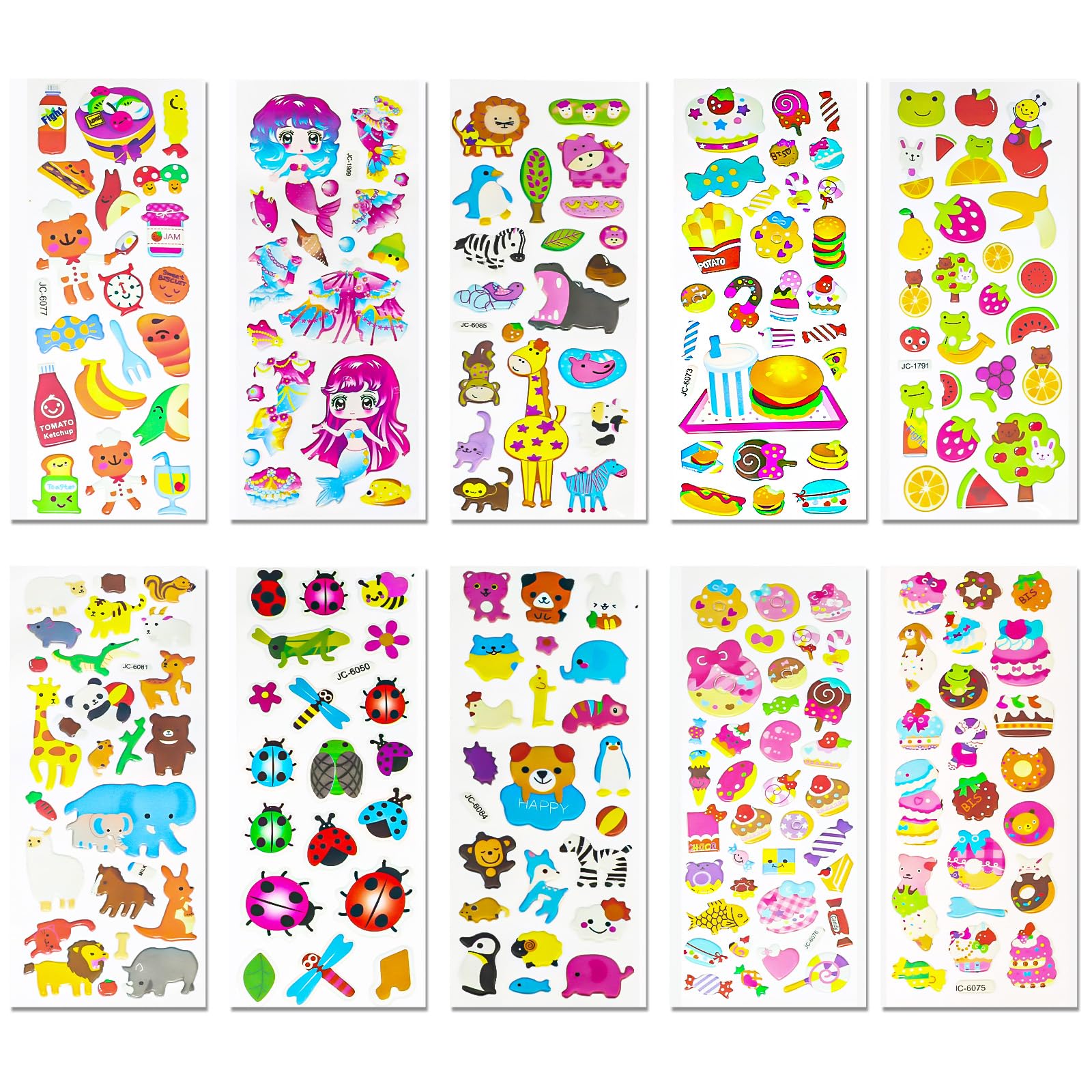 3D Stickers Children's 24 Sheets 530+ Puffy Stickers 3D for Boys and Girls, Various Sticker Set with Animals, Fruits, Girls, Mermaids, Desserts etc