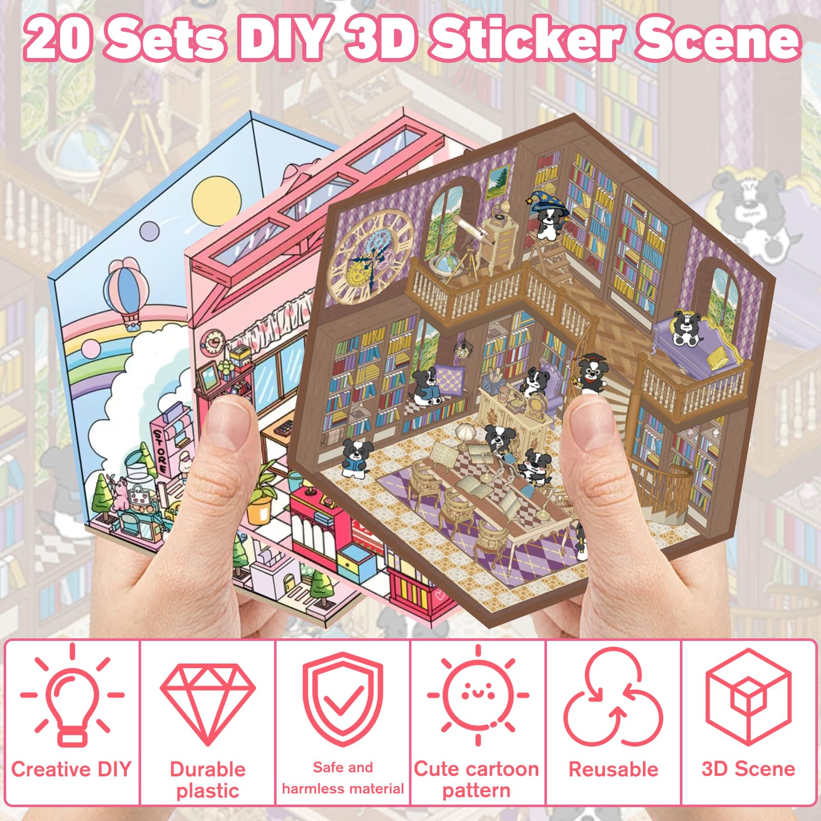 20 Sets DIY 3D Sticker Scene, Sticker Therapy for Adult Kids Make Your Own Scenes Miniature Room Cute Kawaii Cartoon Scene Stickers for Relief Stress Pass The Time