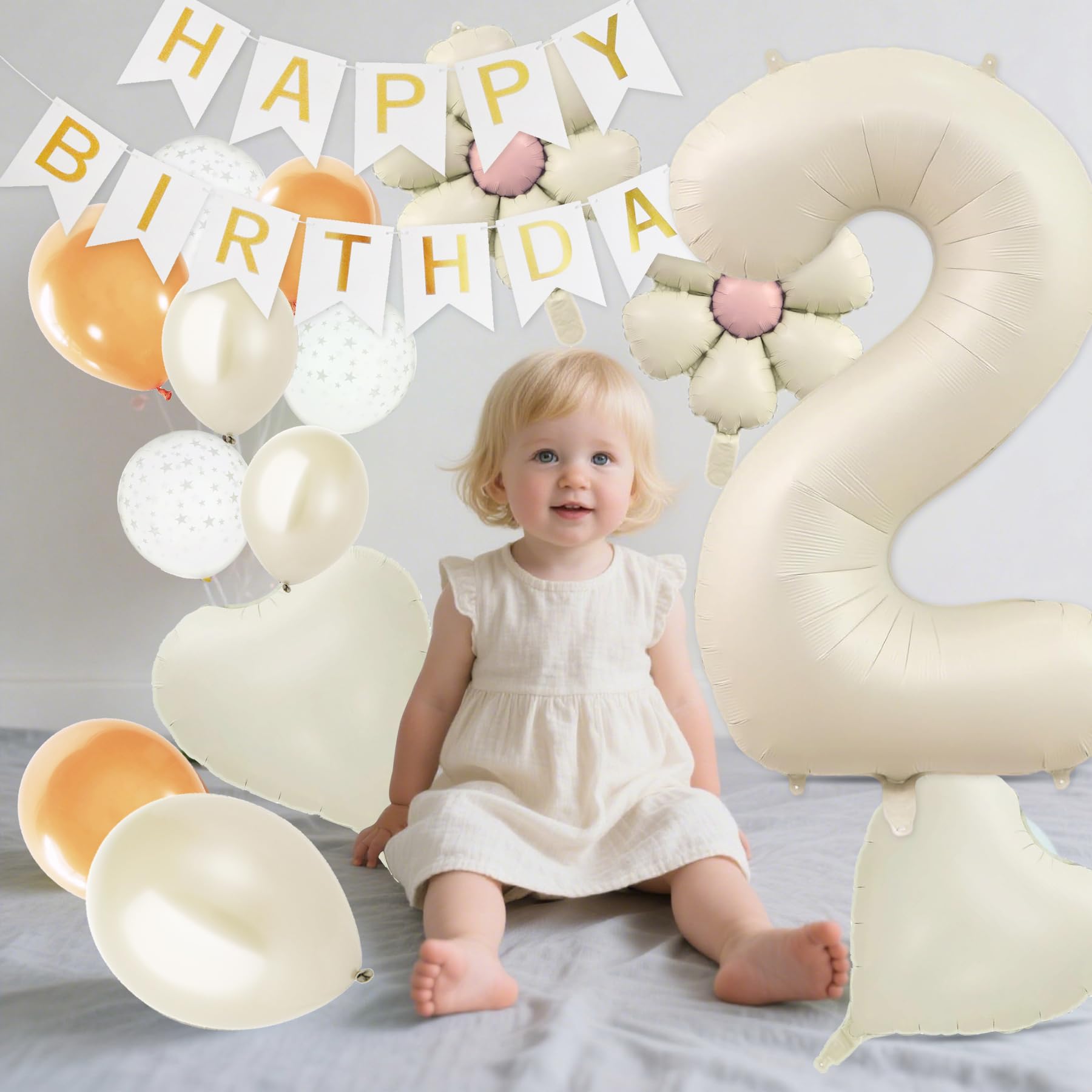 Meafeng 2歳 誕生日 飾り付け 数字 バルーン 18点 セット 大きい 81cm/32 インチ くすみカラー 誕生日 飾り HAPPY BIRTHDAY バースデー ガーランド ナンバーバルーン (ソフトホワイト)