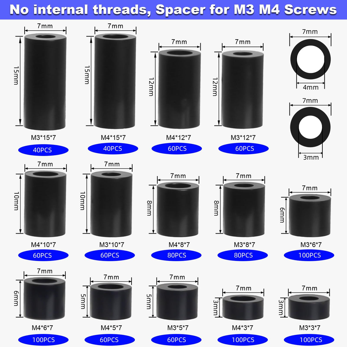 Pack of 1000 Round Spacers, Nylon Washers for M3, M4 Screws, ABS Spacer Sleeves Insulation Washers without Thread Column Set, for Electric Screws and Sockets, Black