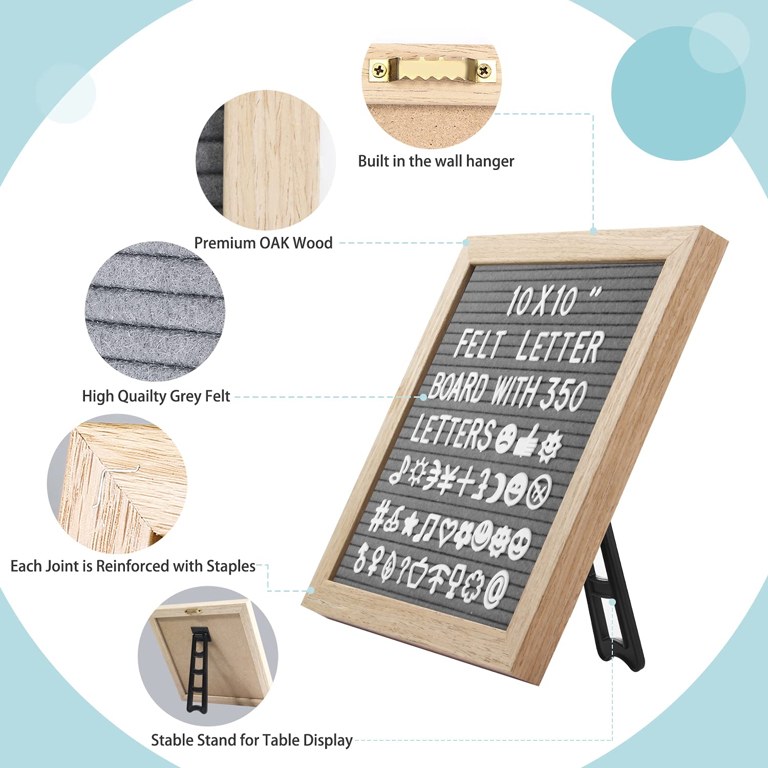 Grey letter board made of oak and felt 25 x 25 cm square letter board with 350 letters easel and bag letters board wood letter board groove board memo board with metal hooks