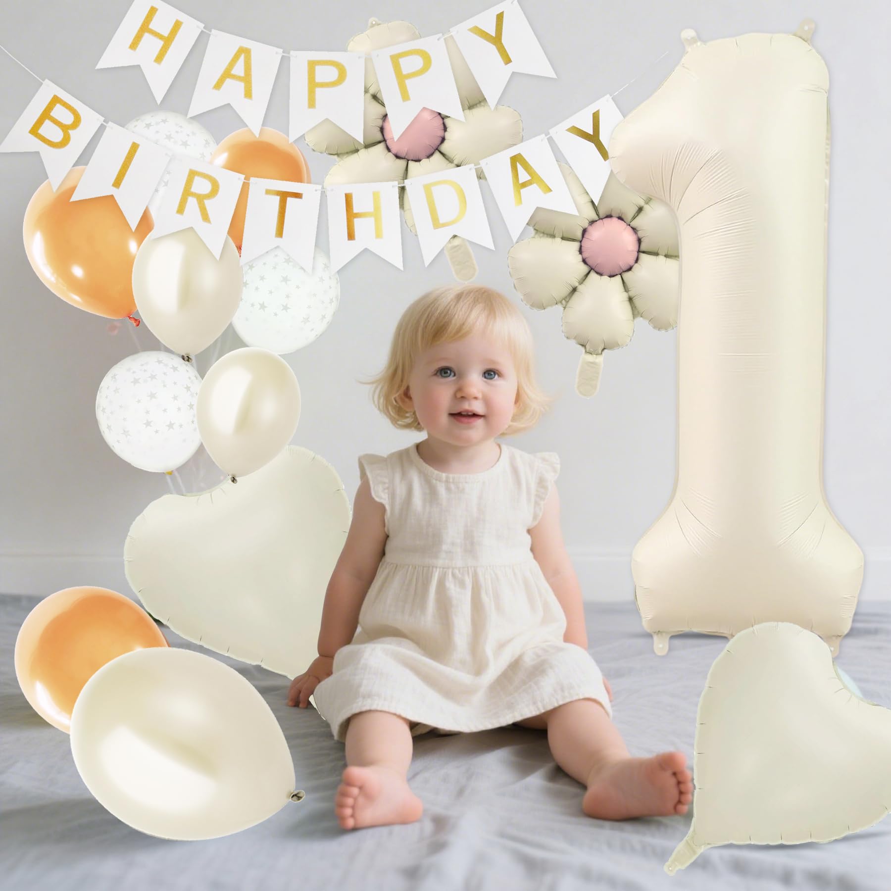 Meafeng 1歳 誕生日 飾り付け 数字 バルーン 18点 セット 大きい 81cm/32 インチ くすみカラー 誕生日 飾り HAPPY BIRTHDAY バースデー ガーランド ナンバーバルーン (ソフトホワイト)