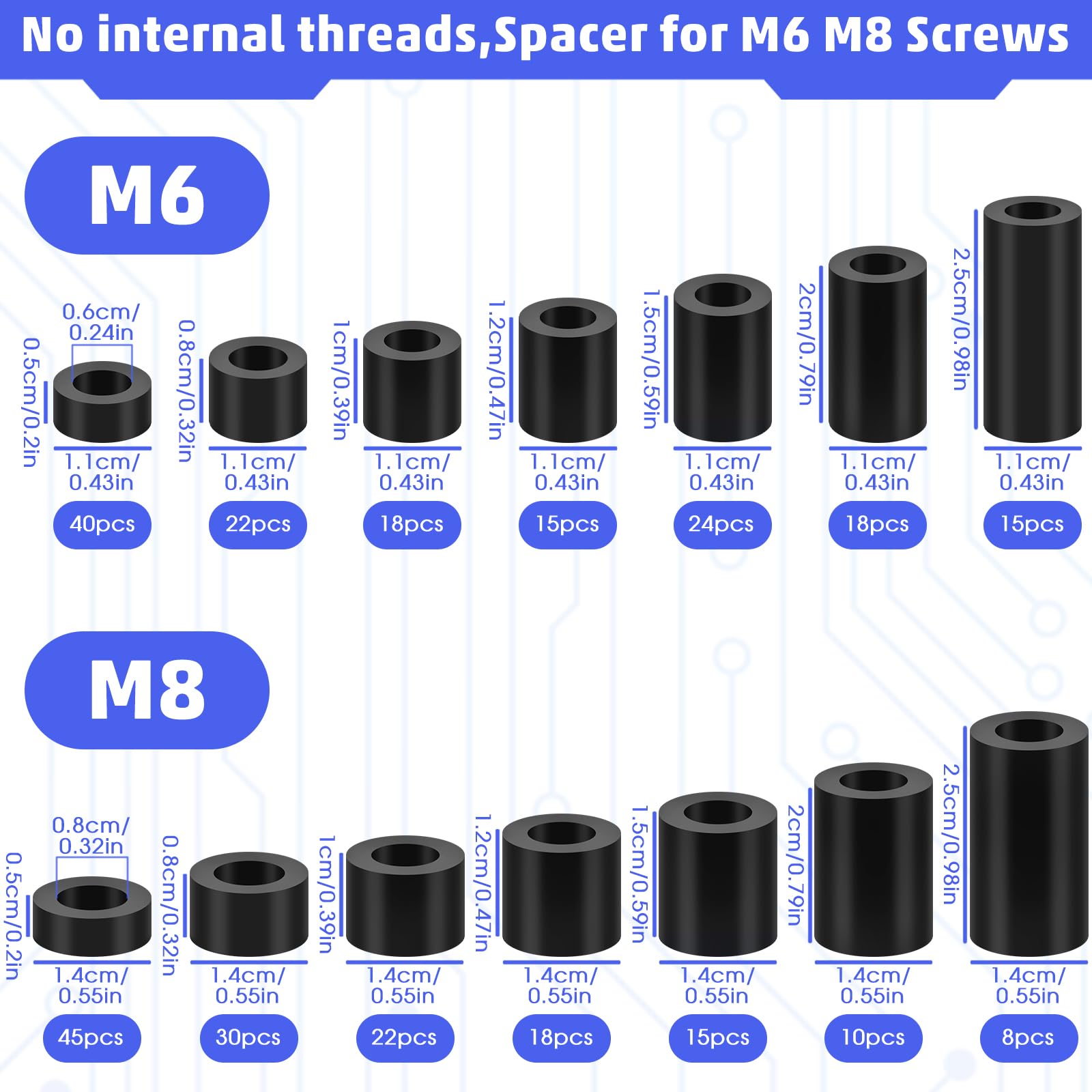M6 M8 Nylon Spacer, 300 Pcs Round Electrical Outlet Spacers Standoff Non-Threaded Assortment Kit for PCB Motherboard, Circuit Board, Electrical Screws Switch and Receptacle (Black)