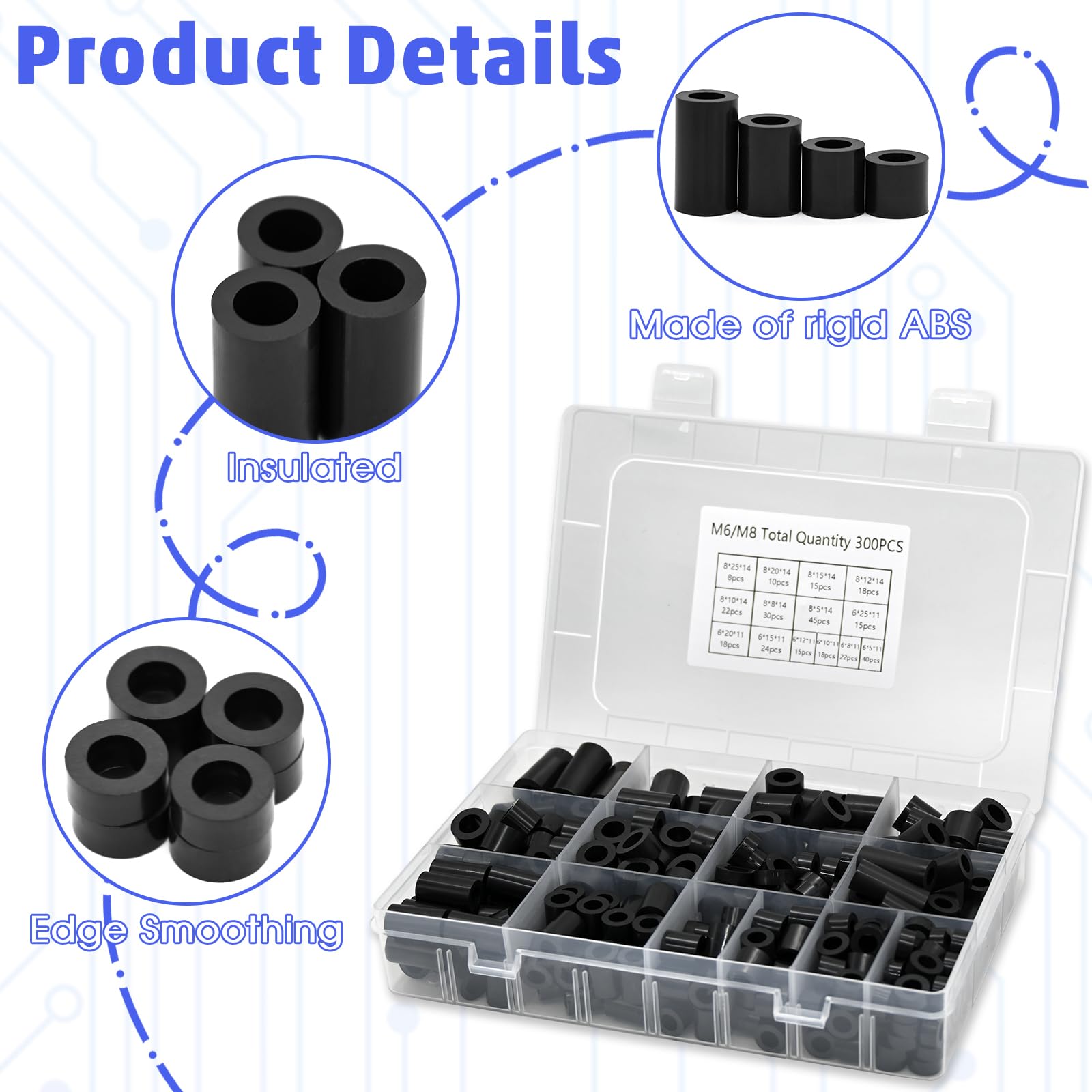 M6 M8 Nylon Spacer, 300 Pcs Round Electrical Outlet Spacers Standoff Non-Threaded Assortment Kit for PCB Motherboard, Circuit Board, Electrical Screws Switch and Receptacle (Black)