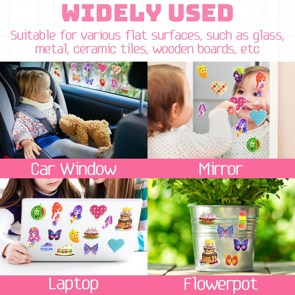 41PCS Window Clings Stickers for Girls – Reusable Jelly Gel Decals with Fruits, Hearts, Butterfly, Cake, Mermaid Design, Thick Vinyl Window Stickers for Toddlers, Home, Classroom, Birthday Party Decor