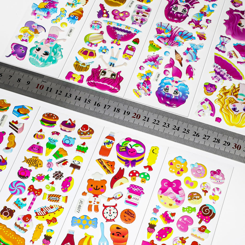 3D Stickers Children's 24 Sheets 530+ Puffy Stickers 3D for Boys and Girls, Various Sticker Set with Animals, Fruits, Girls, Mermaids, Desserts etc