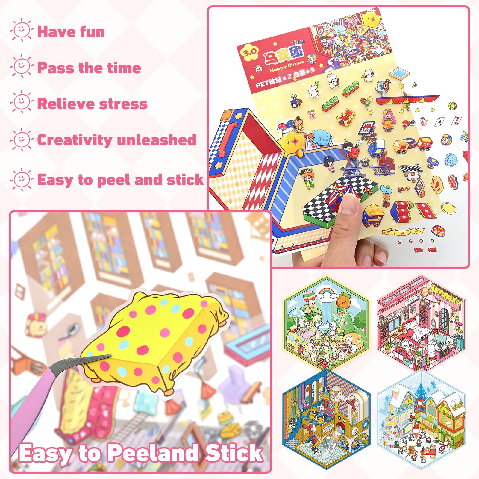 20 Sets DIY 3D Sticker Scene, Sticker Therapy for Adult Kids Make Your Own Scenes Miniature Room Cute Kawaii Cartoon Scene Stickers for Relief Stress Pass The Time