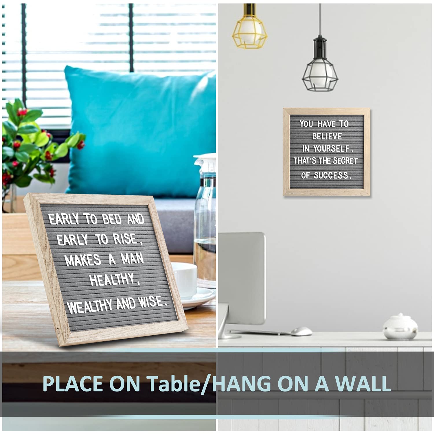Grey letter board made of oak and felt 25 x 25 cm square letter board with 350 letters easel and bag letters board wood letter board groove board memo board with metal hooks