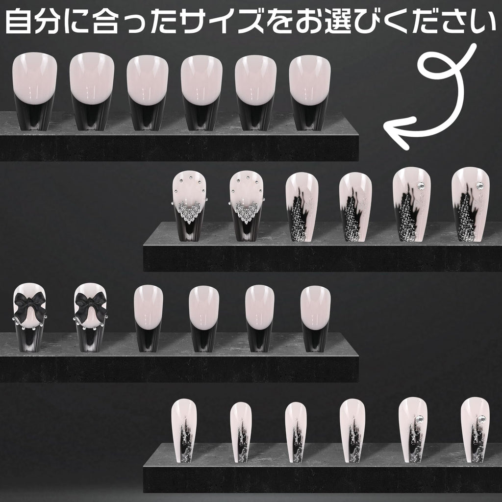 ネイルチップ ロング 24枚入 黒 人気 3D 和風 付け爪 おしゃれ 可愛い 弓 つけ爪 成人式 入学式 卒業式 結婚式 パーティー 花嫁ネイル ネイル チップ 両面テープ ウッドスティック ネイルファイル付き(D347)