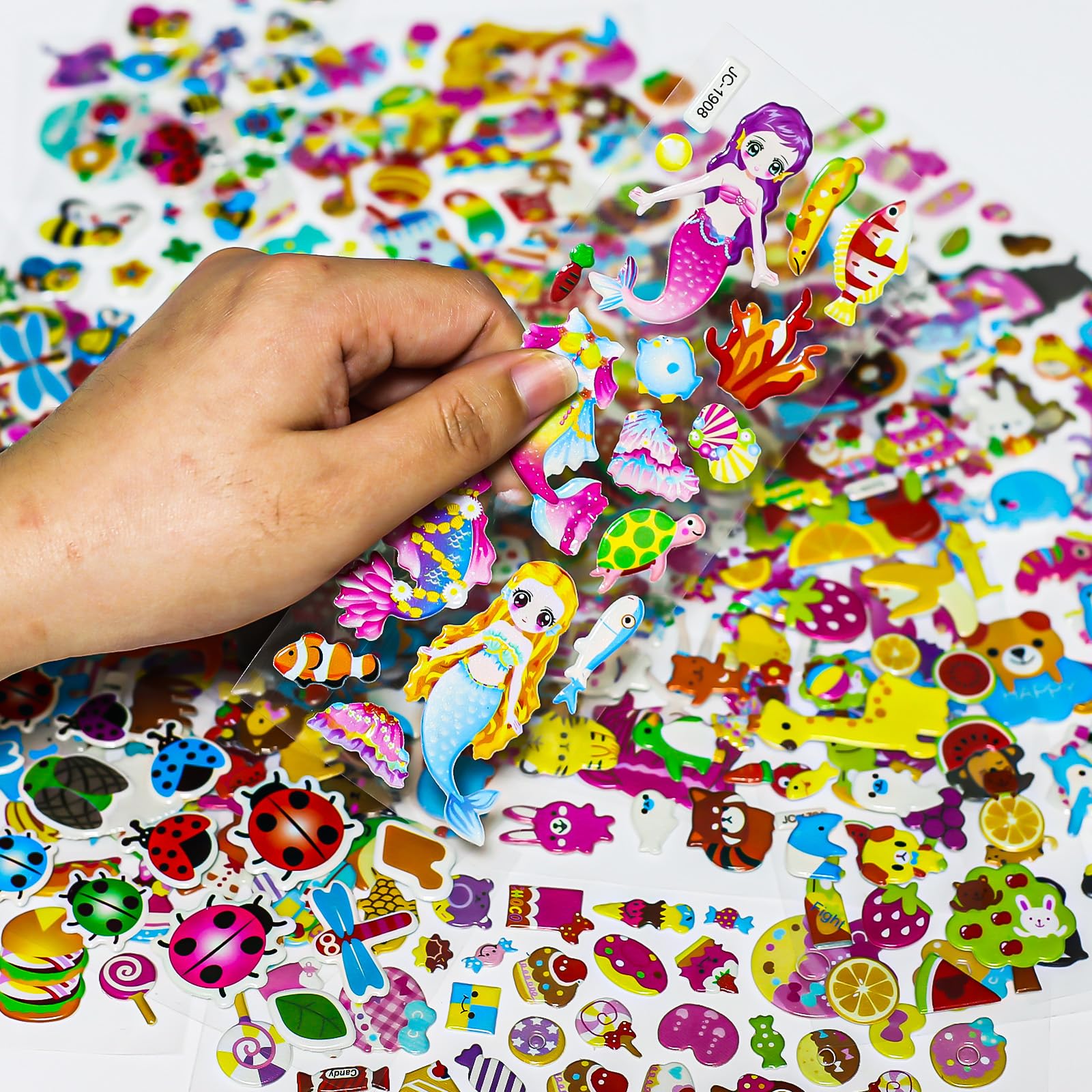 3D Stickers Children's 24 Sheets 530+ Puffy Stickers 3D for Boys and Girls, Various Sticker Set with Animals, Fruits, Girls, Mermaids, Desserts etc