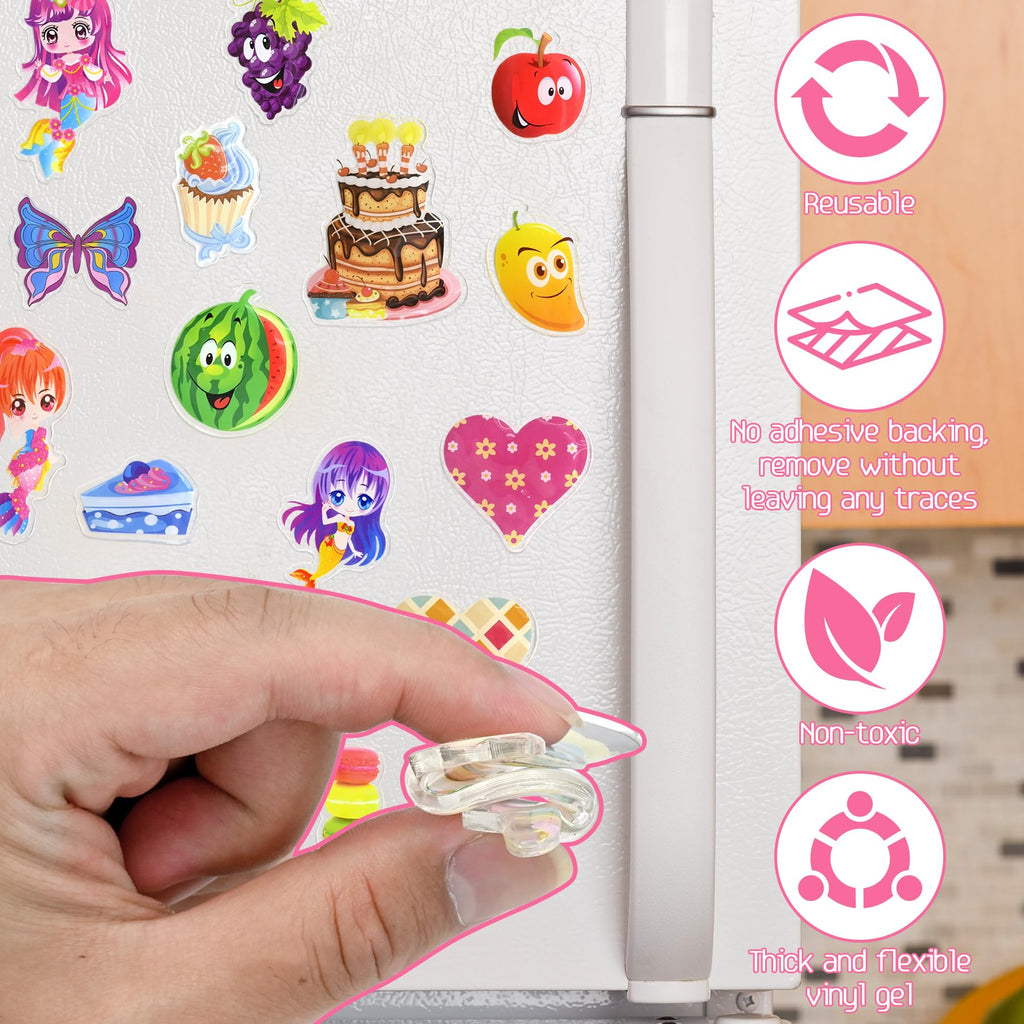 41PCS Window Clings Stickers for Girls – Reusable Jelly Gel Decals with Fruits, Hearts, Butterfly, Cake, Mermaid Design, Thick Vinyl Window Stickers for Toddlers, Home, Classroom, Birthday Party Decor