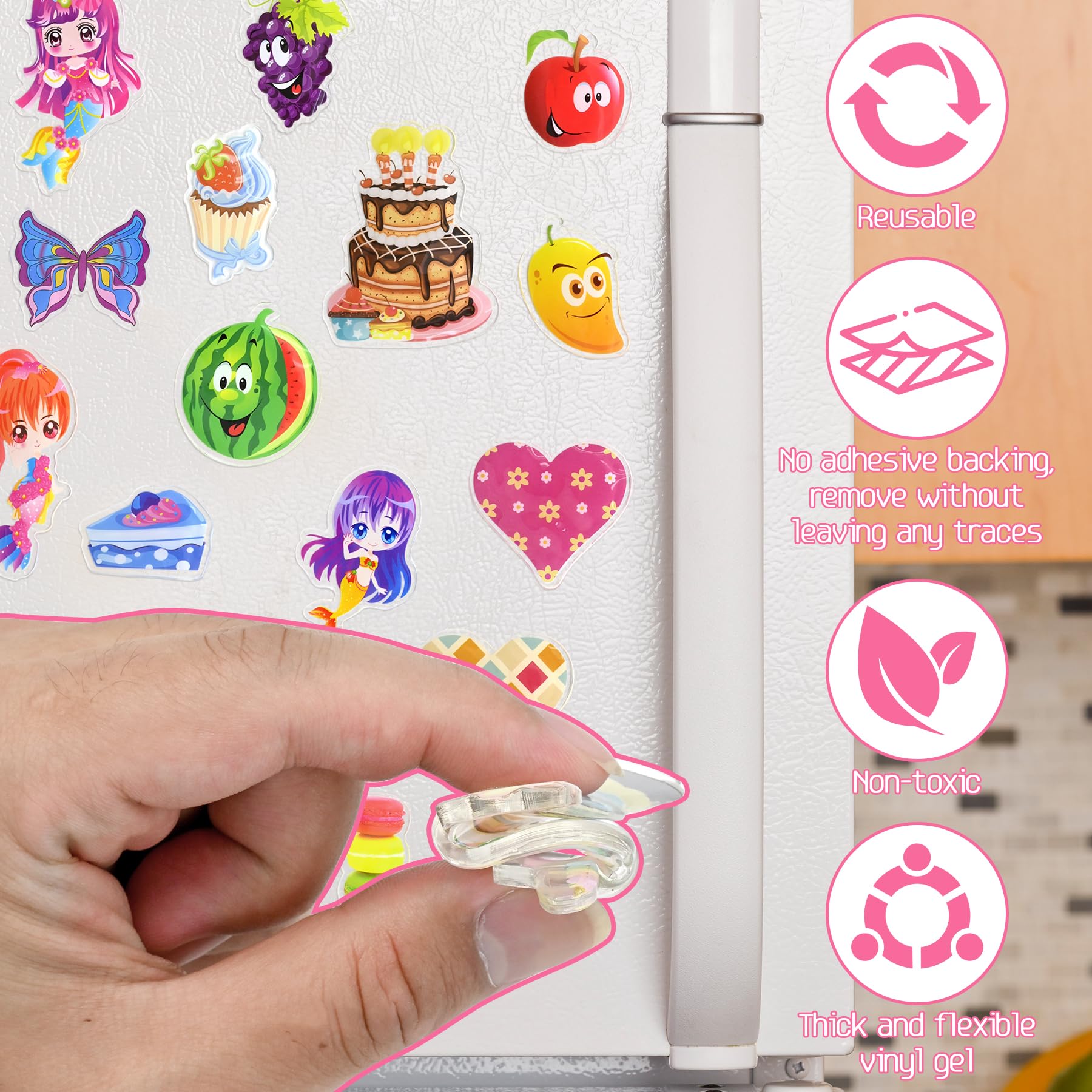 41PCS Window Clings Stickers for Girls – Reusable Jelly Gel Decals with Fruits, Hearts, Butterfly, Cake, Mermaid Design, Thick Vinyl Window Stickers for Toddlers, Home, Classroom, Birthday Party Decor