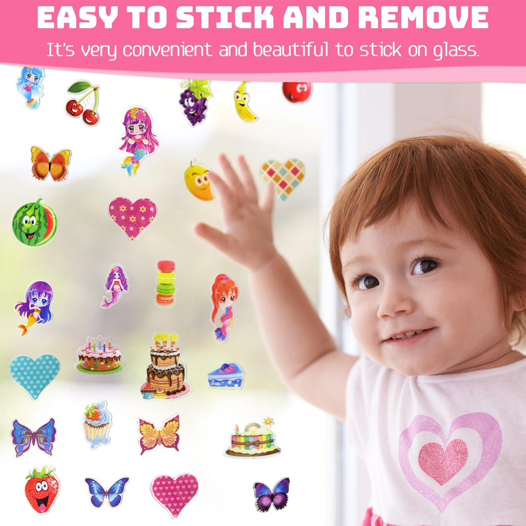 41PCS Window Clings Stickers for Girls – Reusable Jelly Gel Decals with Fruits, Hearts, Butterfly, Cake, Mermaid Design, Thick Vinyl Window Stickers for Toddlers, Home, Classroom, Birthday Party Decor